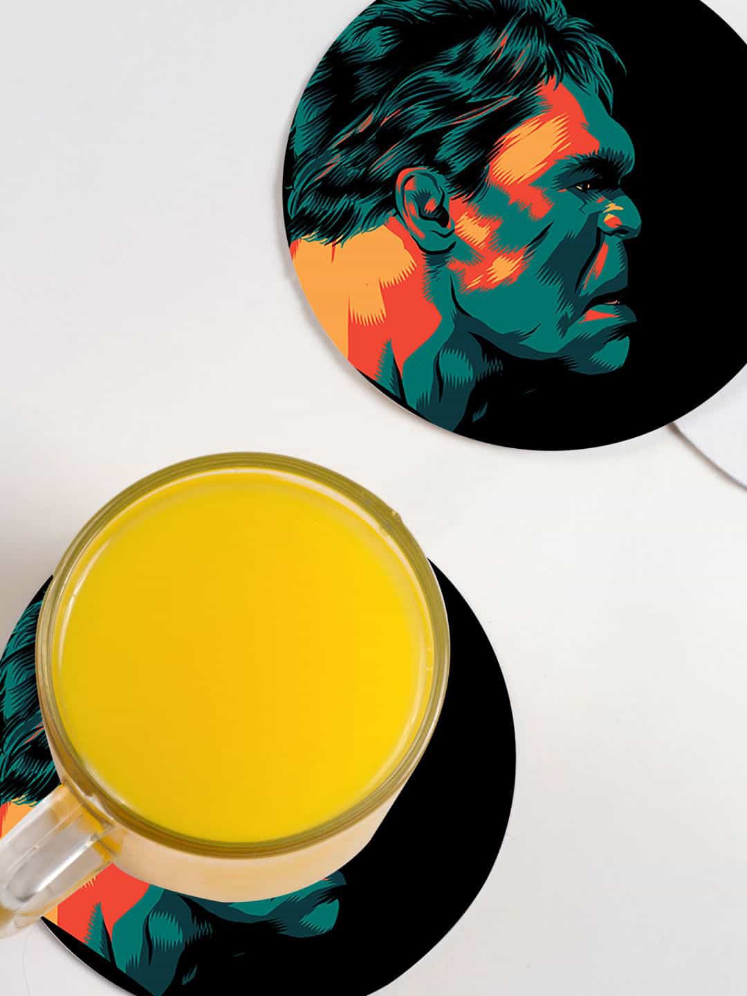 

macmerise Black & Green 6 Pcs Illuminated Hulk Design Printed MDF Wooden Circular Coasters