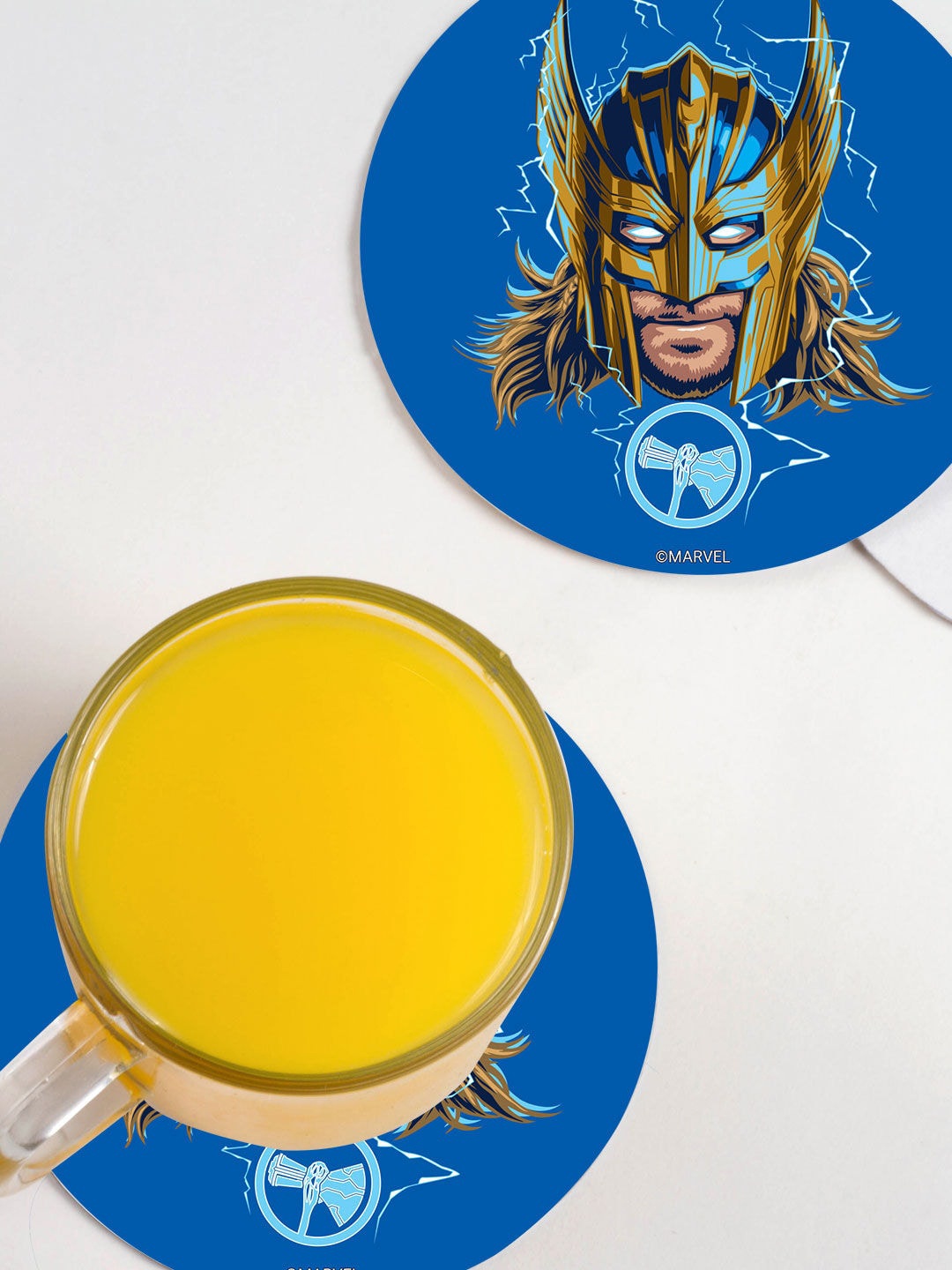 

macmerise Blue & Golden 6-Pieces Armour Thor Design MDF Wooden Circular Coasters