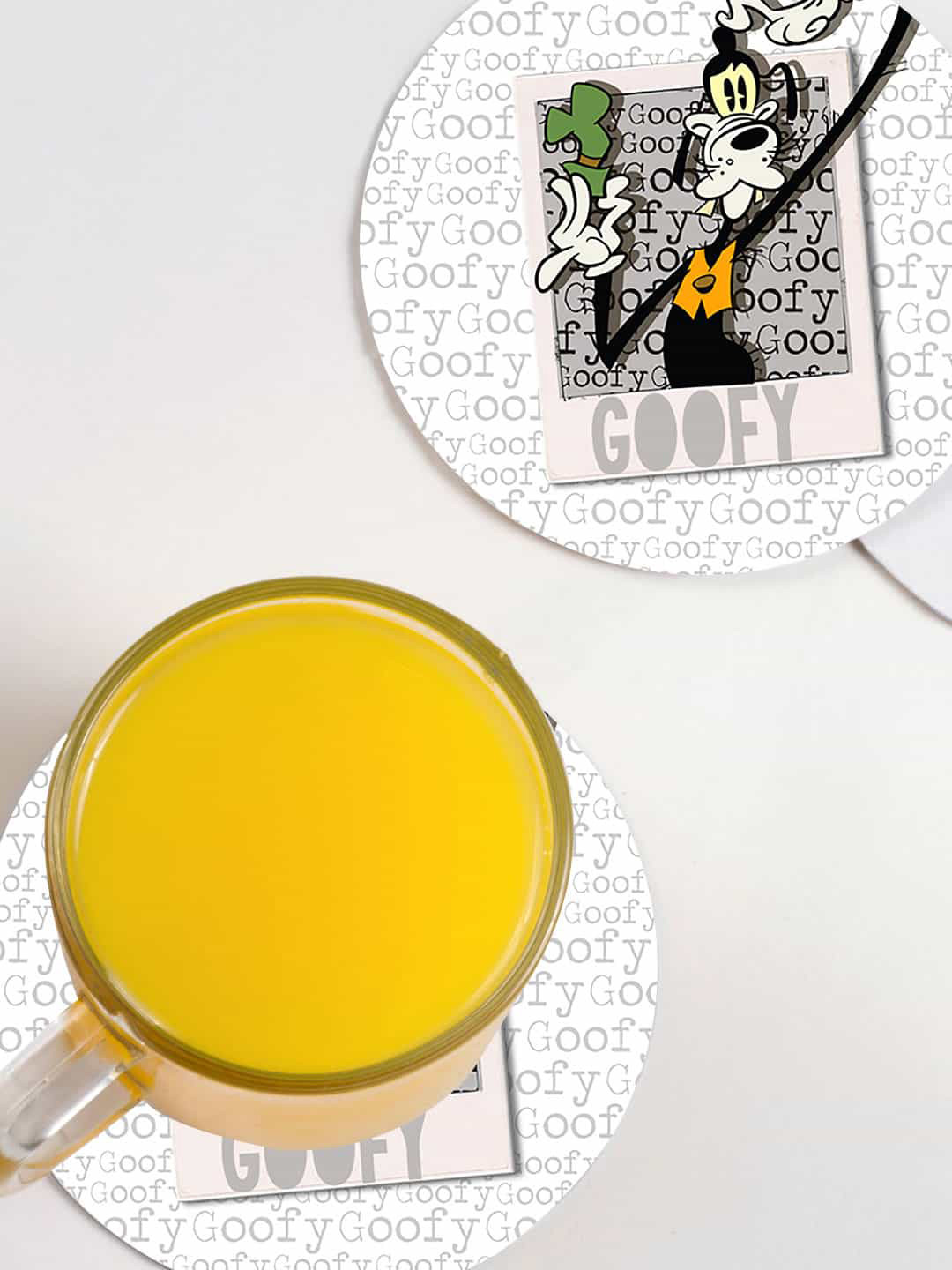 

macmerise White & Black 6 Pcs Hello Mr Goofy Design Printed MDF Wooden Circular Coasters