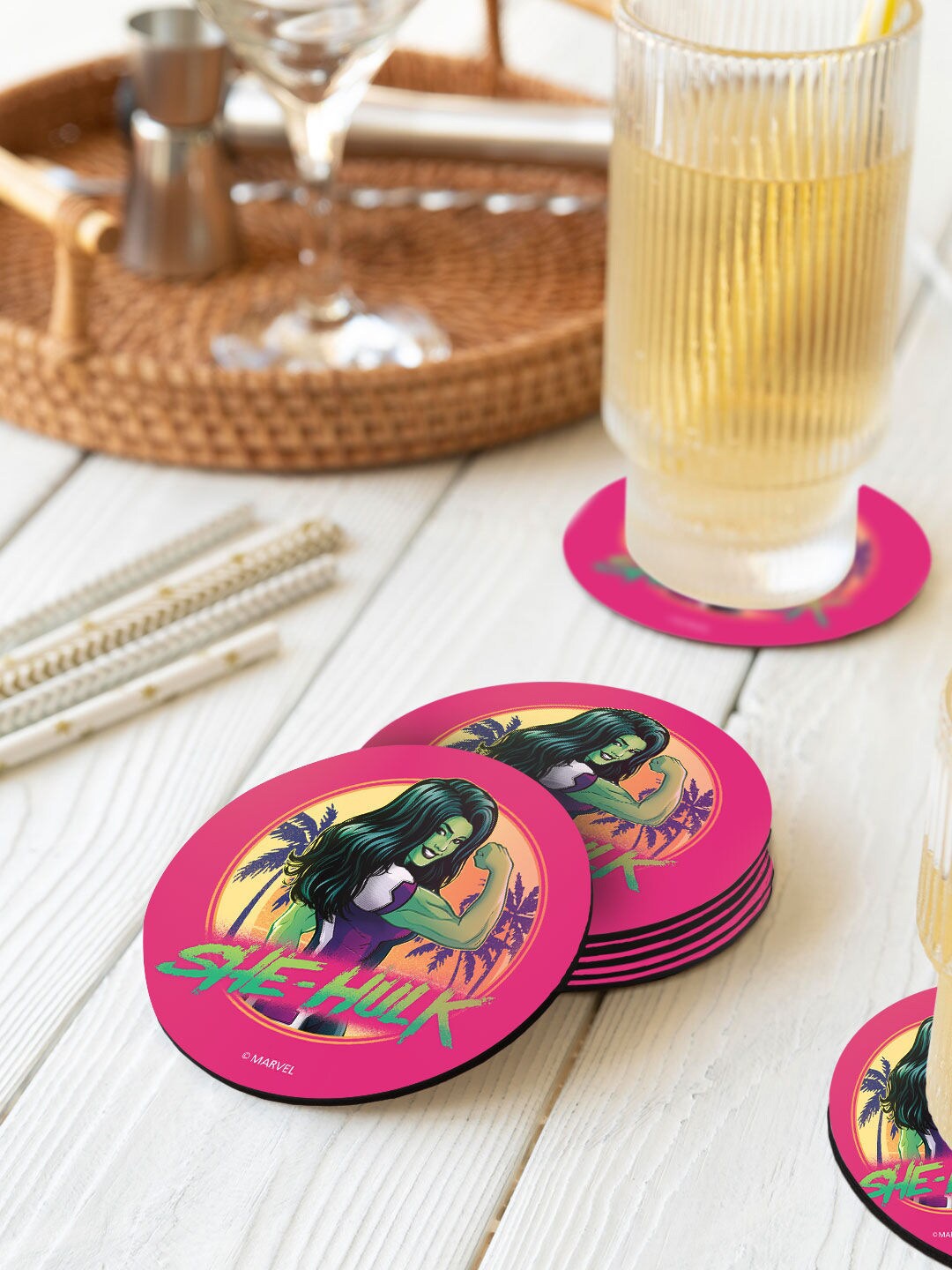 

macmerise Pink & Green 6 Pieces She Hulk Pose Design MDF Wooden Circular Coaster