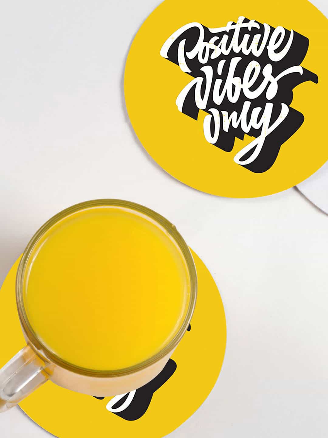 

macmerise Yellow 6 Pieces Positive Vibes Design Printed MDF Wooden Circular Coaster