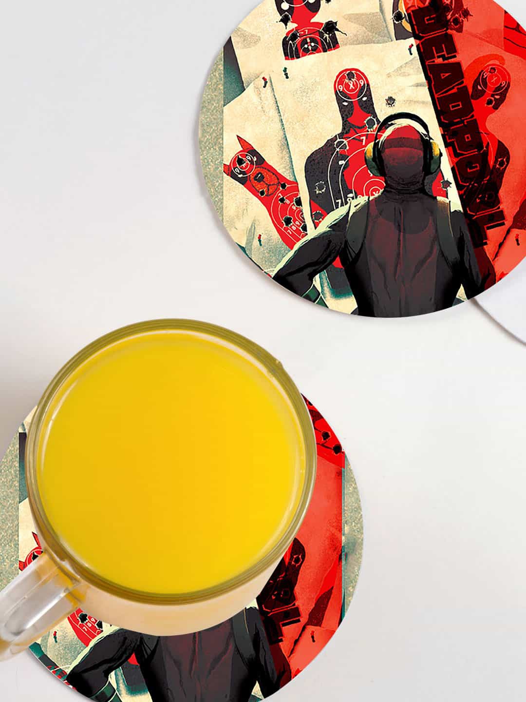 

macmerise Red & Black 6-Pieces Target Deadpool Design MDF Wooden Circular Coasters
