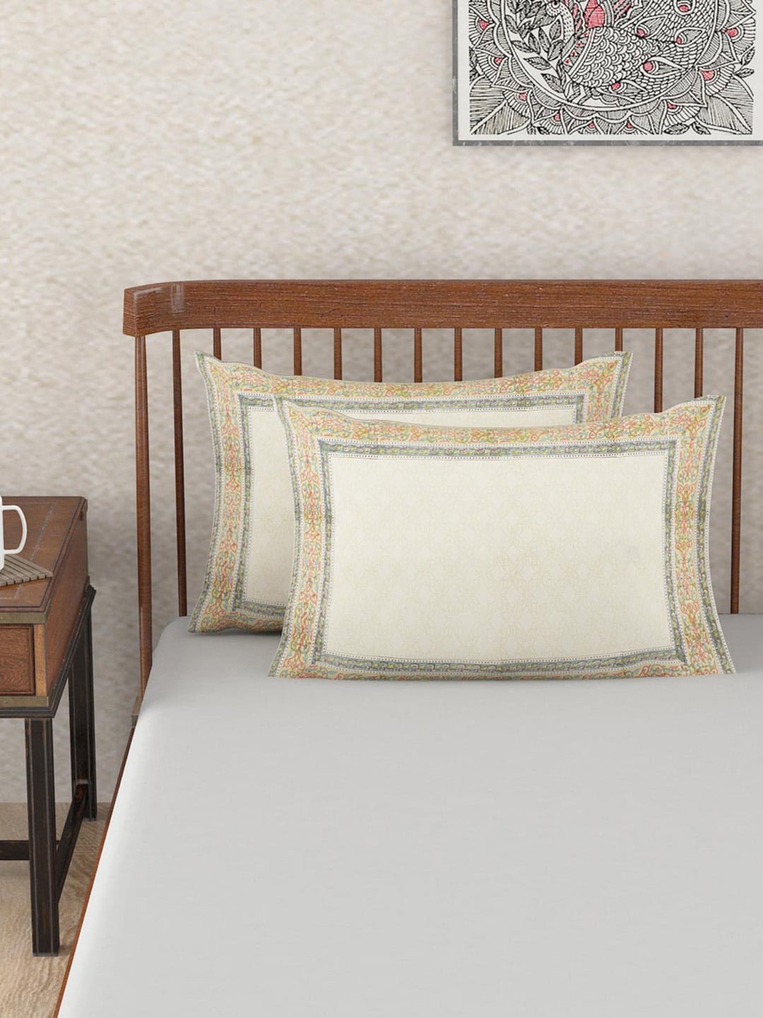 

Fabindia White & Green 2 Pieces Printed Cotton Pillow Covers