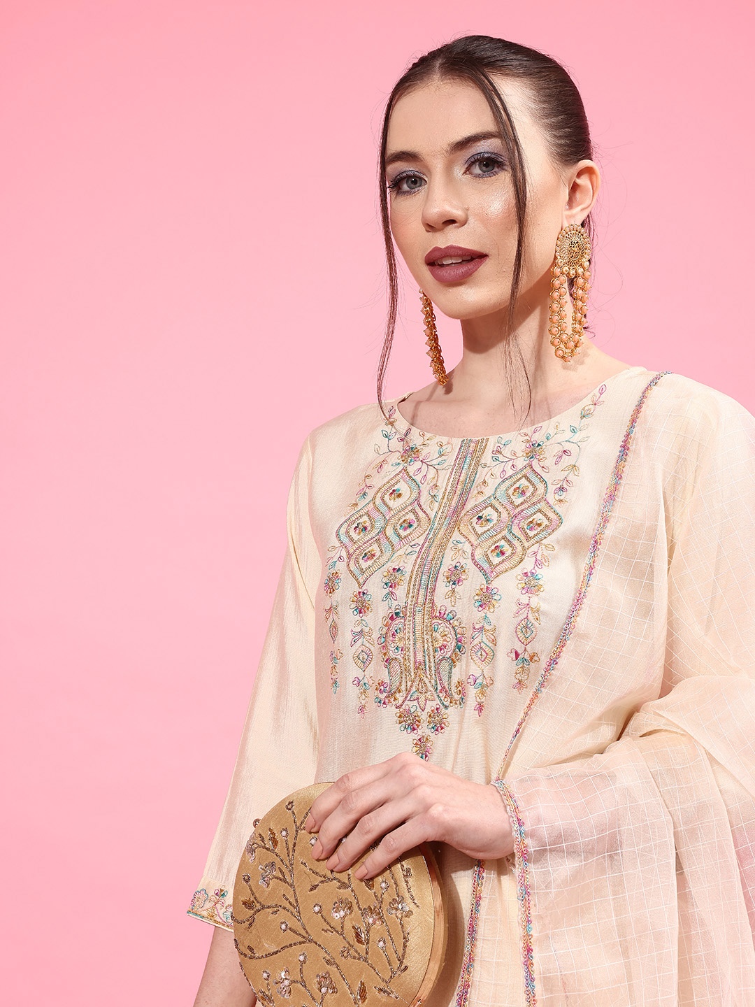 

Sangria Women Floral Yoke Design Regular Sequinned Kurta with Trousers & With Dupatta, Off white