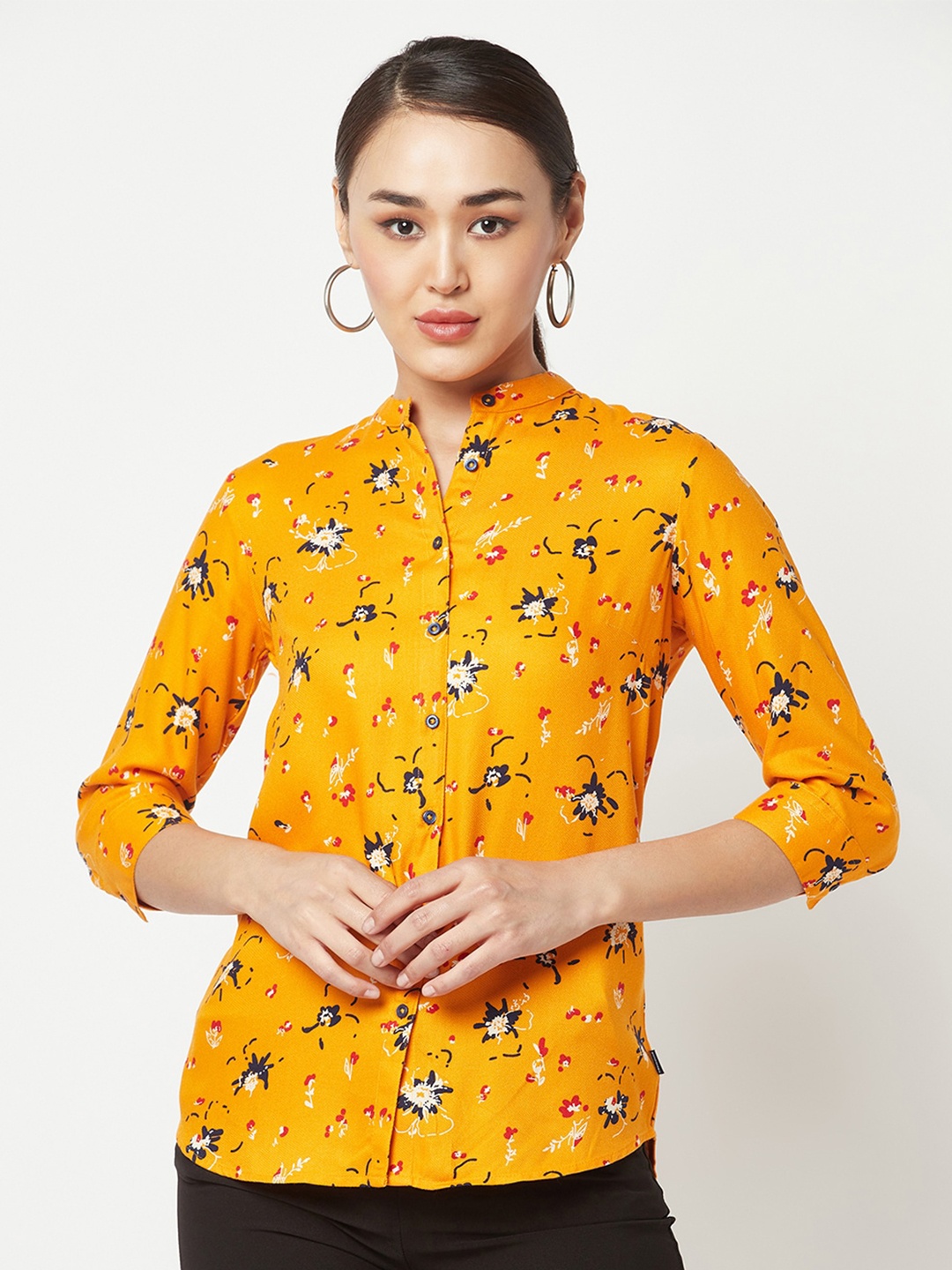 

Crimsoune Club Floral Printed Mandarin Collar Shirt, Orange