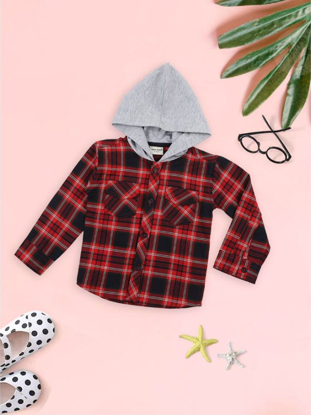 

MeeMee Boys Tartan Checked Opaque Hooded Casual Cotton Shirt, Red