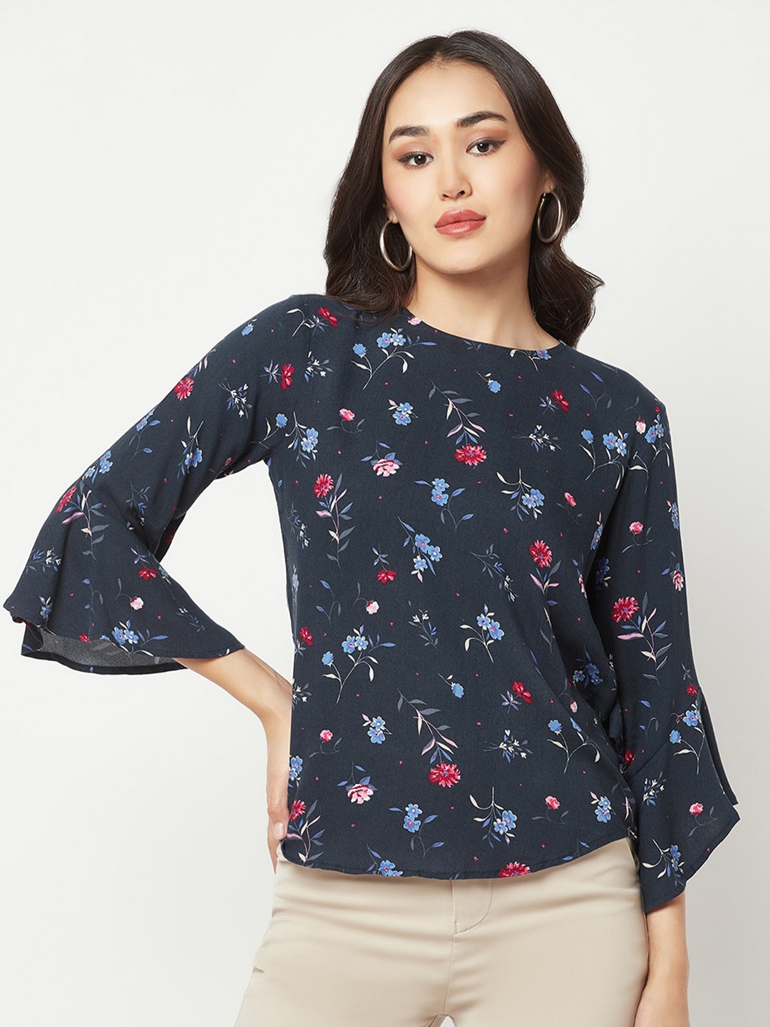 

Crimsoune Club Floral Printed Bell Sleeves Top, Navy blue