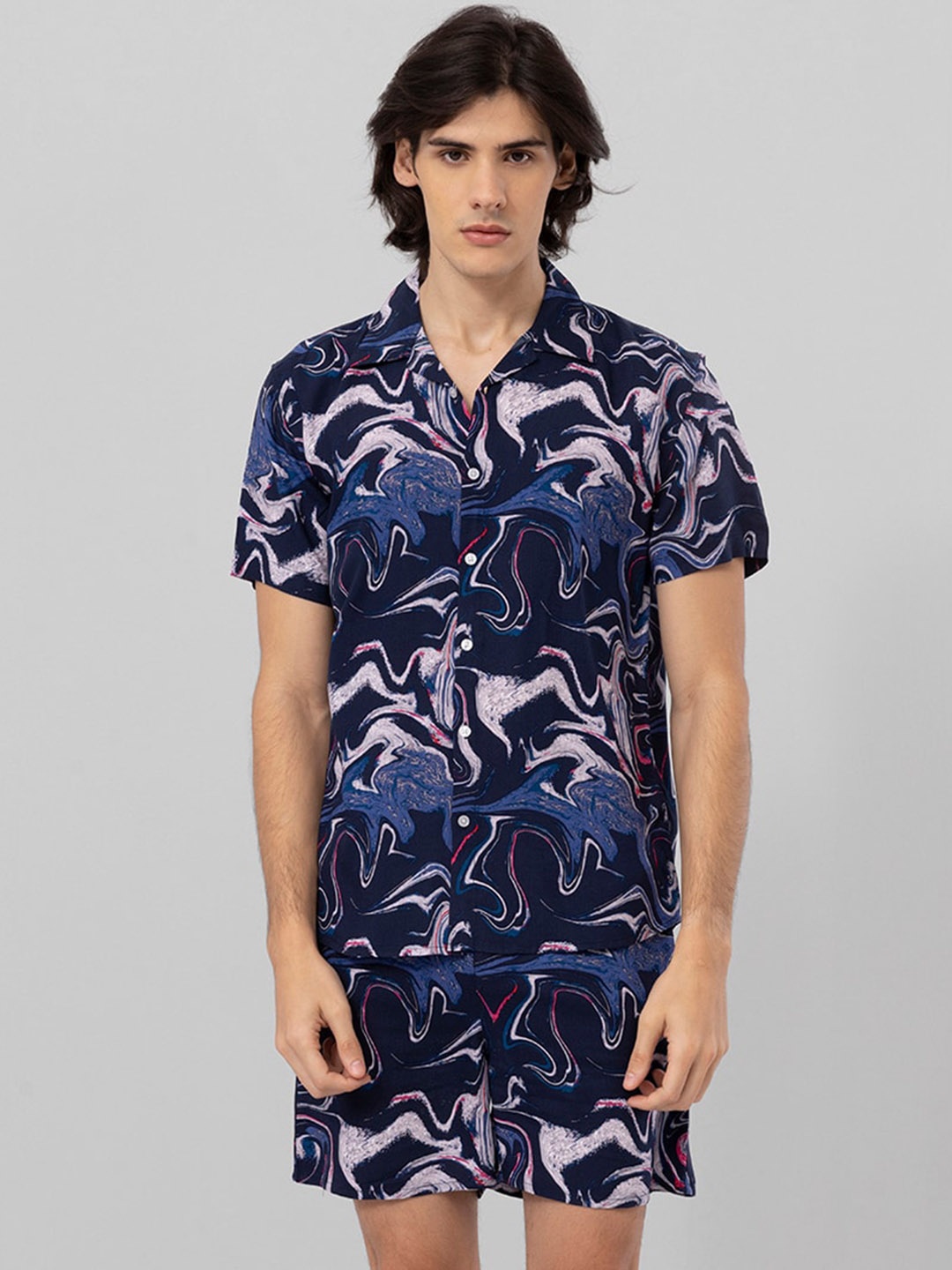 

Snitch Navy Blue Abstract Printed Shirt with Shorts