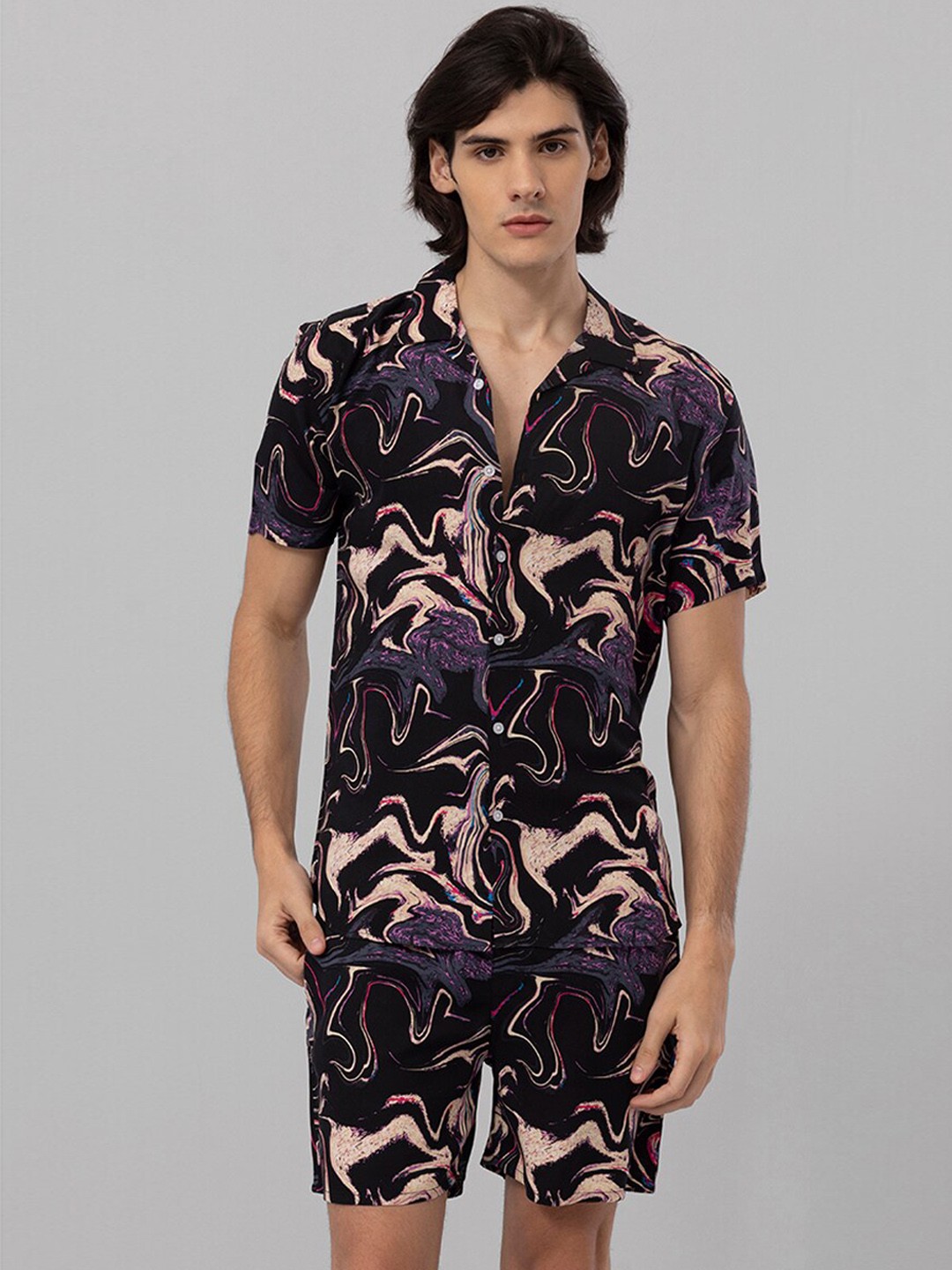 

Snitch Black & Beige Abstract Printed Shirt with Shorts