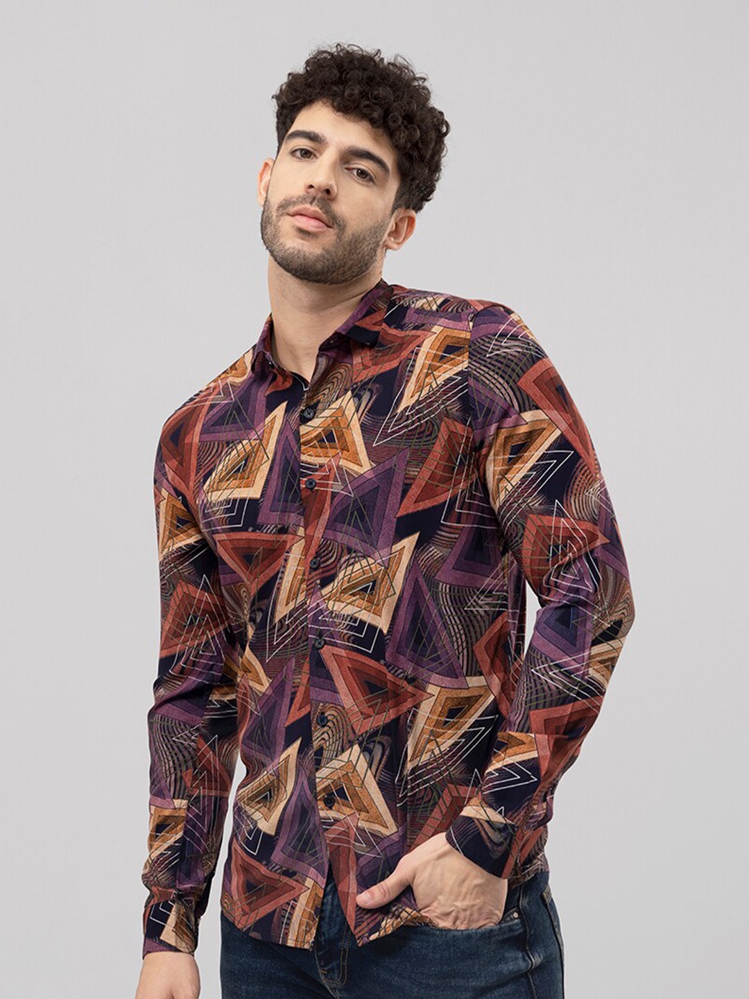 

Snitch Beige & Purple & Navy Blue Slim Fit Geometric Printed Casual Shirt