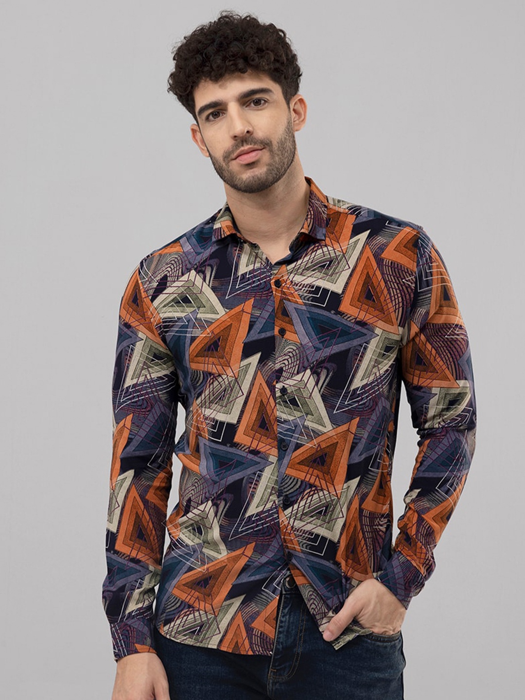 

Snitch Orange & Blue Slim Fit Geometric Printed Casual Shirt