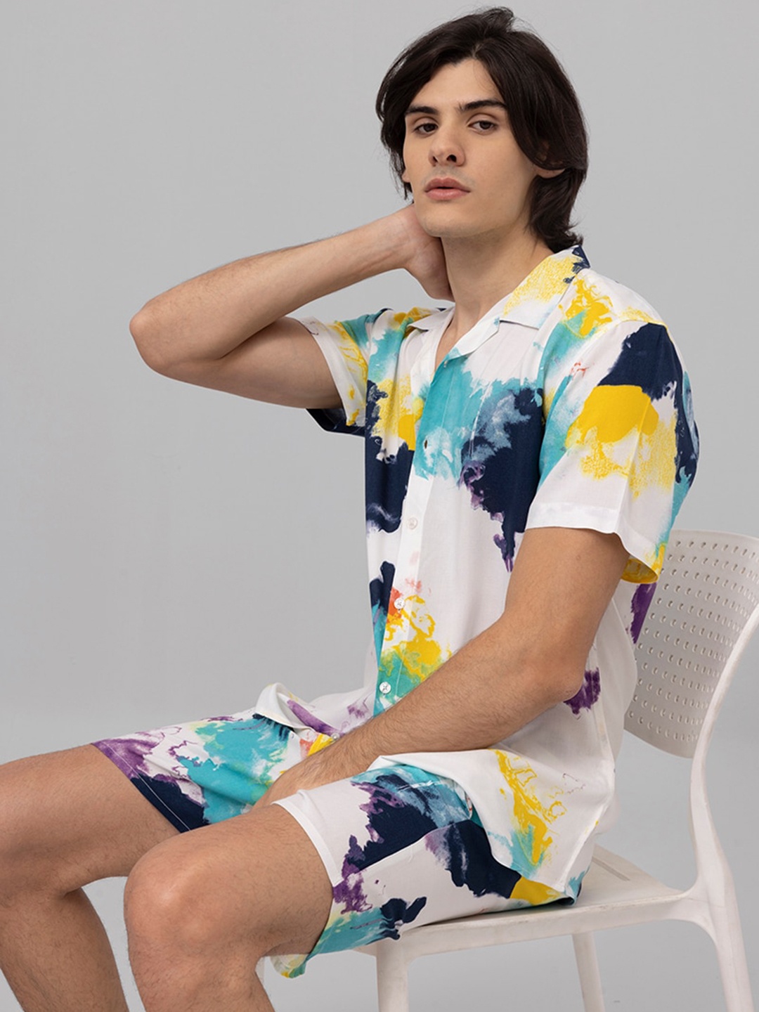 

Snitch White & yellow Tie & Dye Dyed Shirt with Shorts