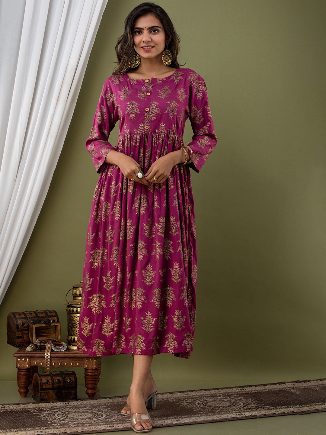 

KALINI Ethnic Motifs Printed Fit & Flare Midi Ethnic Dress, Maroon