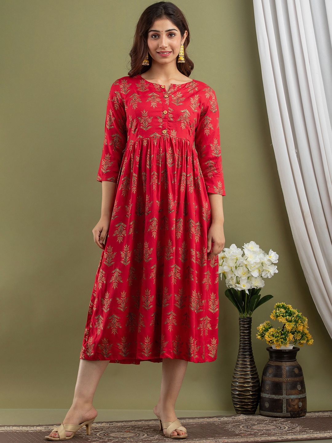 

KALINI Ethnic Motifs Printed Fit & Flare Midi Ethnic Dress, Red
