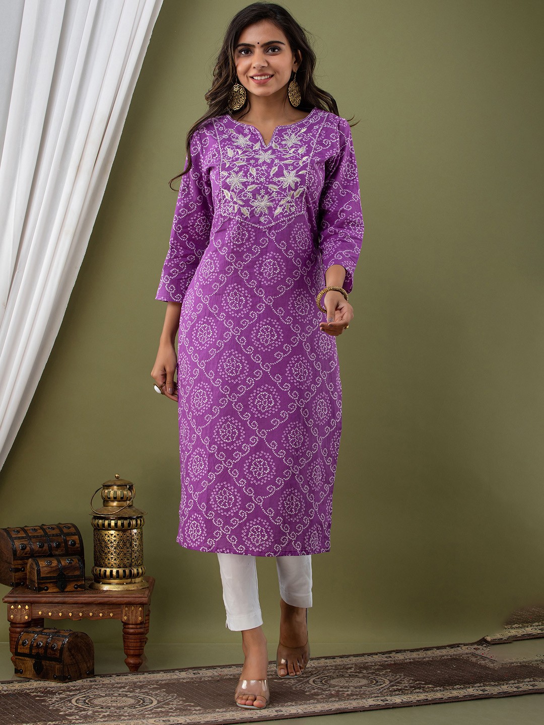 

KALINI Bandhani Printed Thread Work Pure Cotton Kurta, Purple