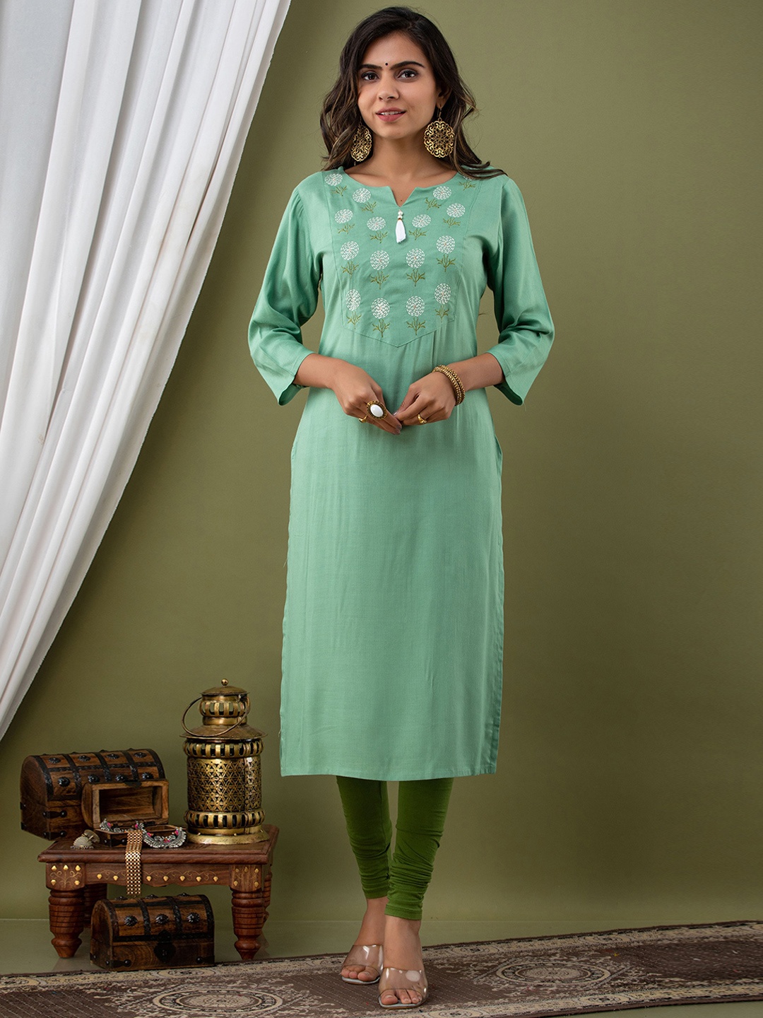 

KALINI Floral Embroidered Straight Kurta, Green