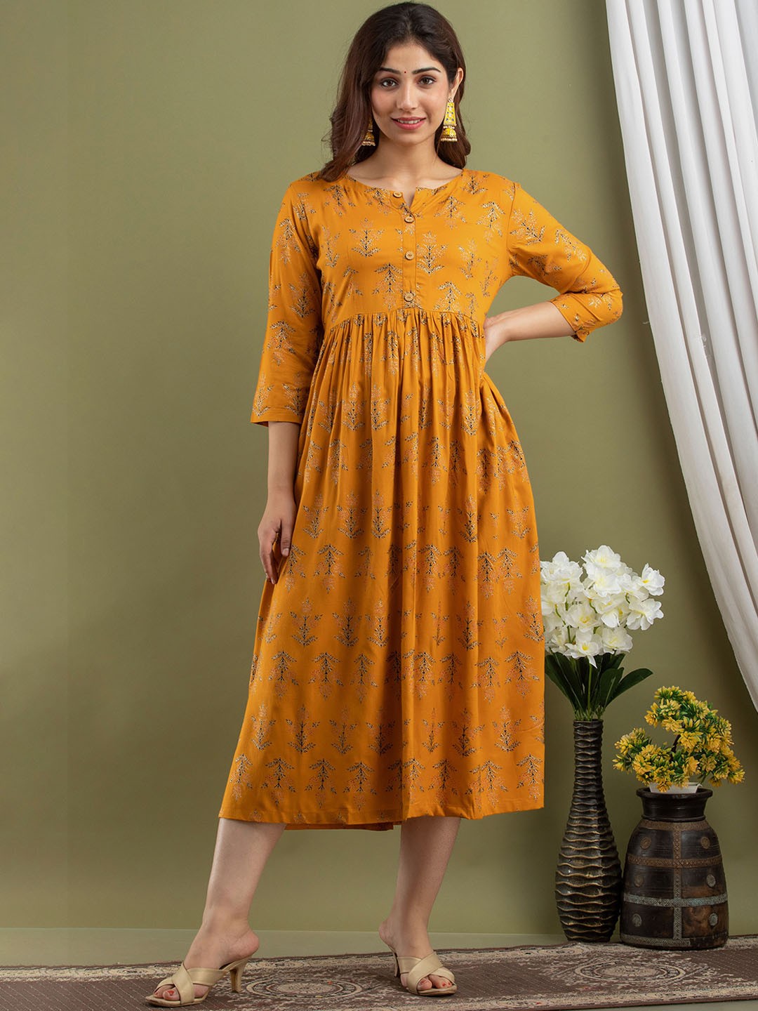 

KALINI Ethnic Motifs Printed Fit & Flare Midi Ethnic Dress, Mustard
