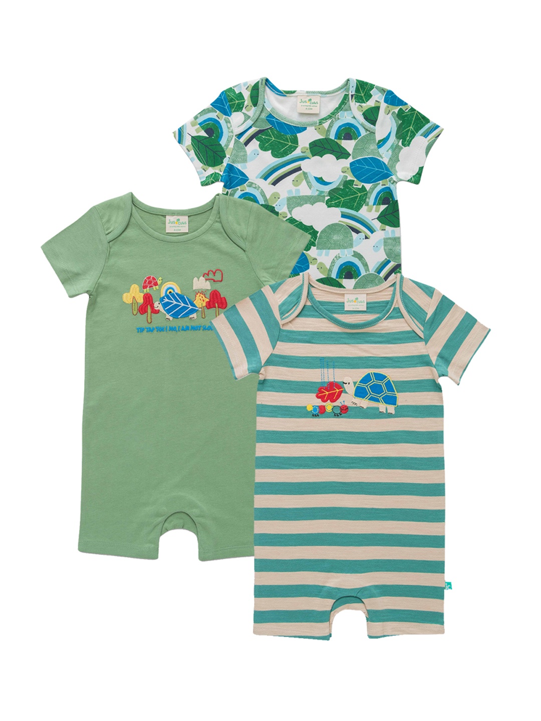 

JusCubs Infant Boys Pack Of 3 Printed Cotton Rompers, Green