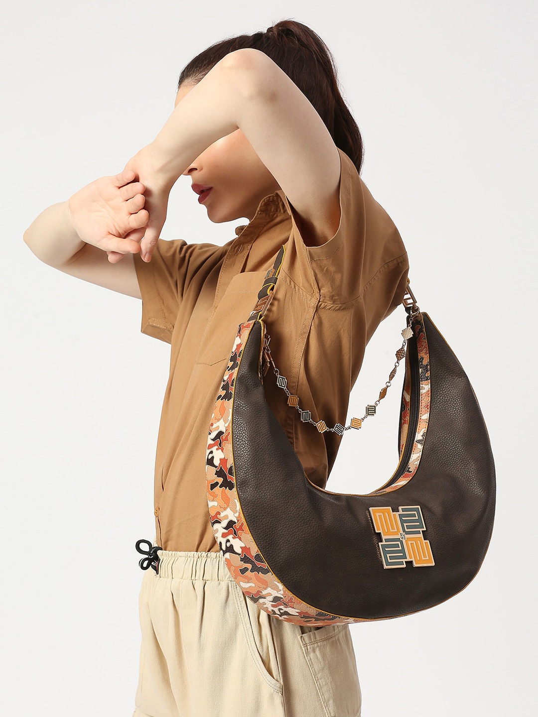 

EUME Printed Half Moon Hobo Bag, Brown