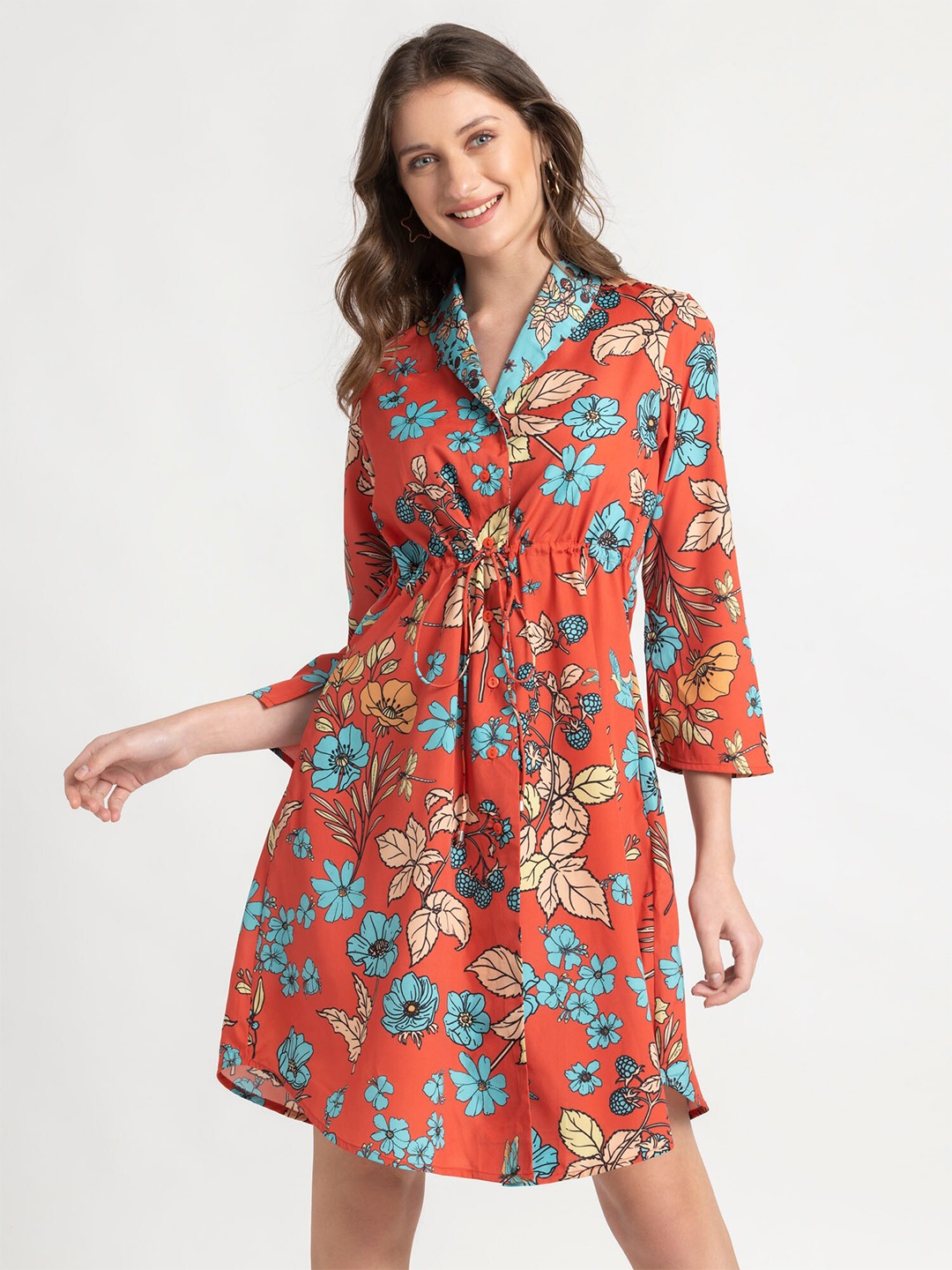 

SHAYE Floral Print Tie-Up A-Line Dress, Red