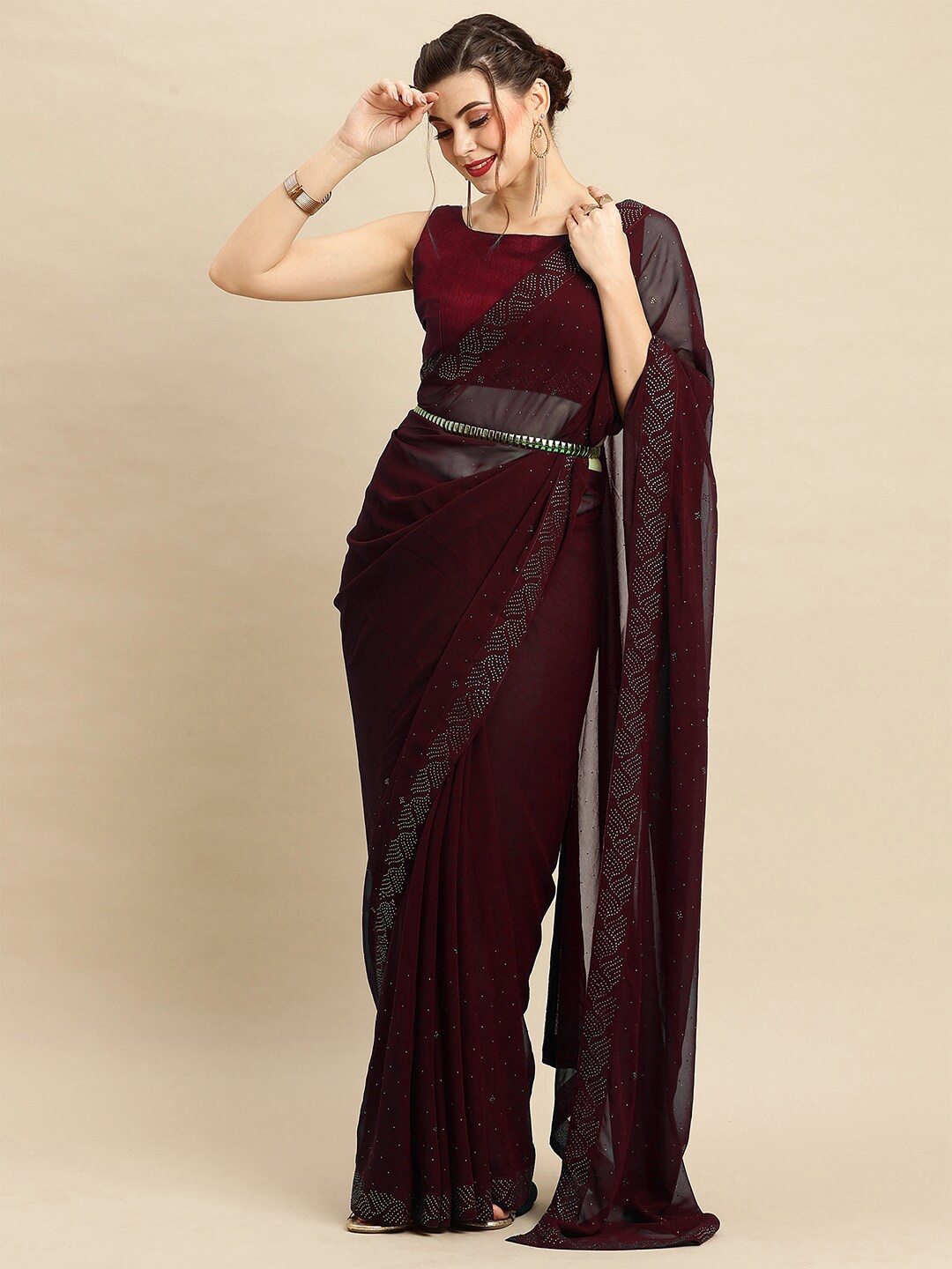 

Anouk Maroon Embellished Beads and Stones Pure Georgette Saree