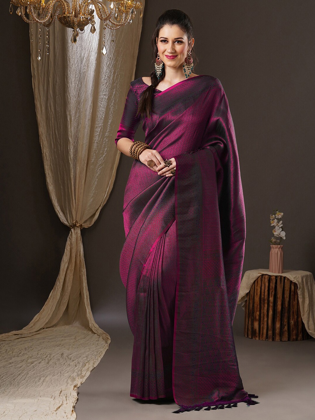 

Anouk Magenta & Grey Ethnic Motif Woven Design Kanjeevaram Saree