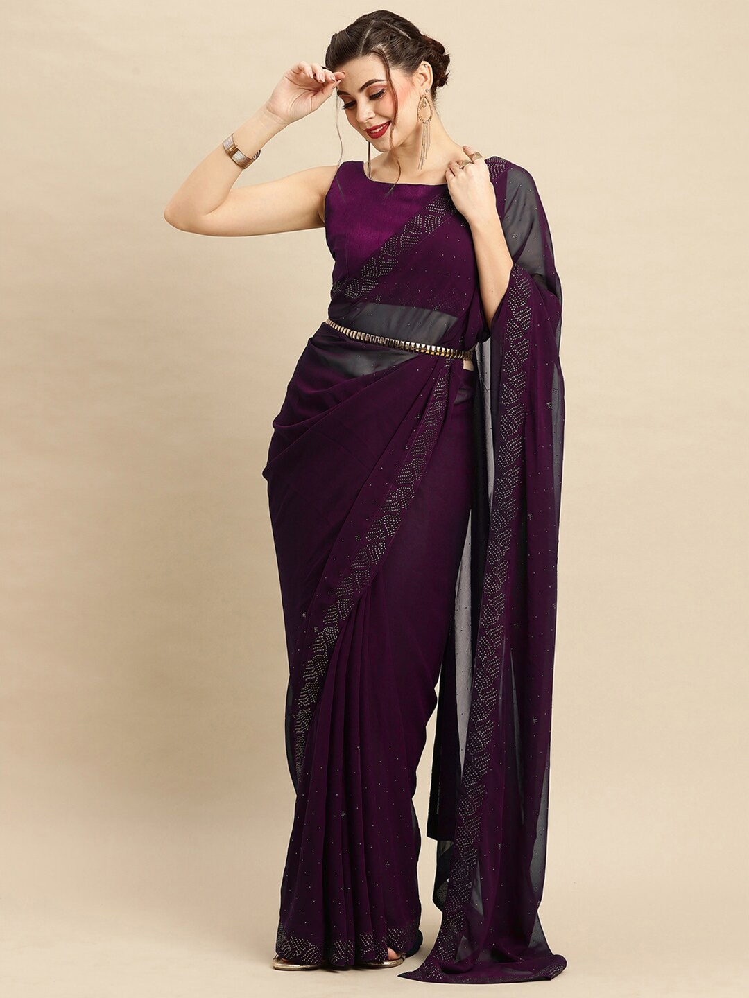 

Anouk Magenta Embellished Beads & Stones Georgette Saree