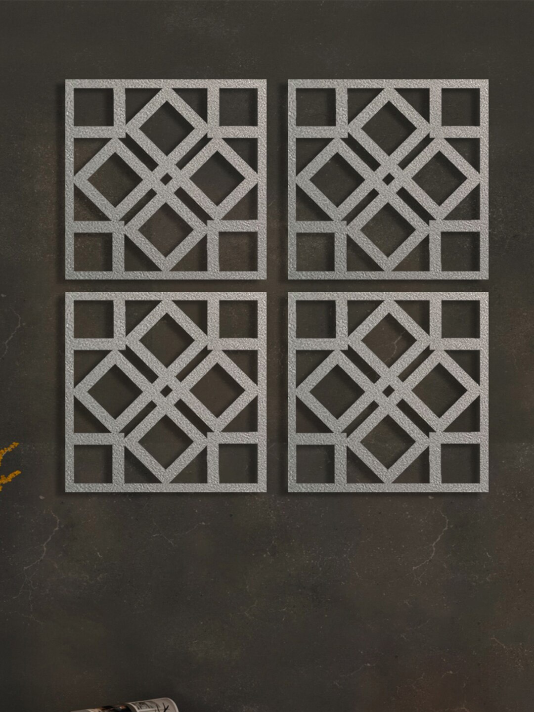 

Art Street Grey 4 Pieces Self Design MDF Jharokha Jali 3D Square Wall Decor