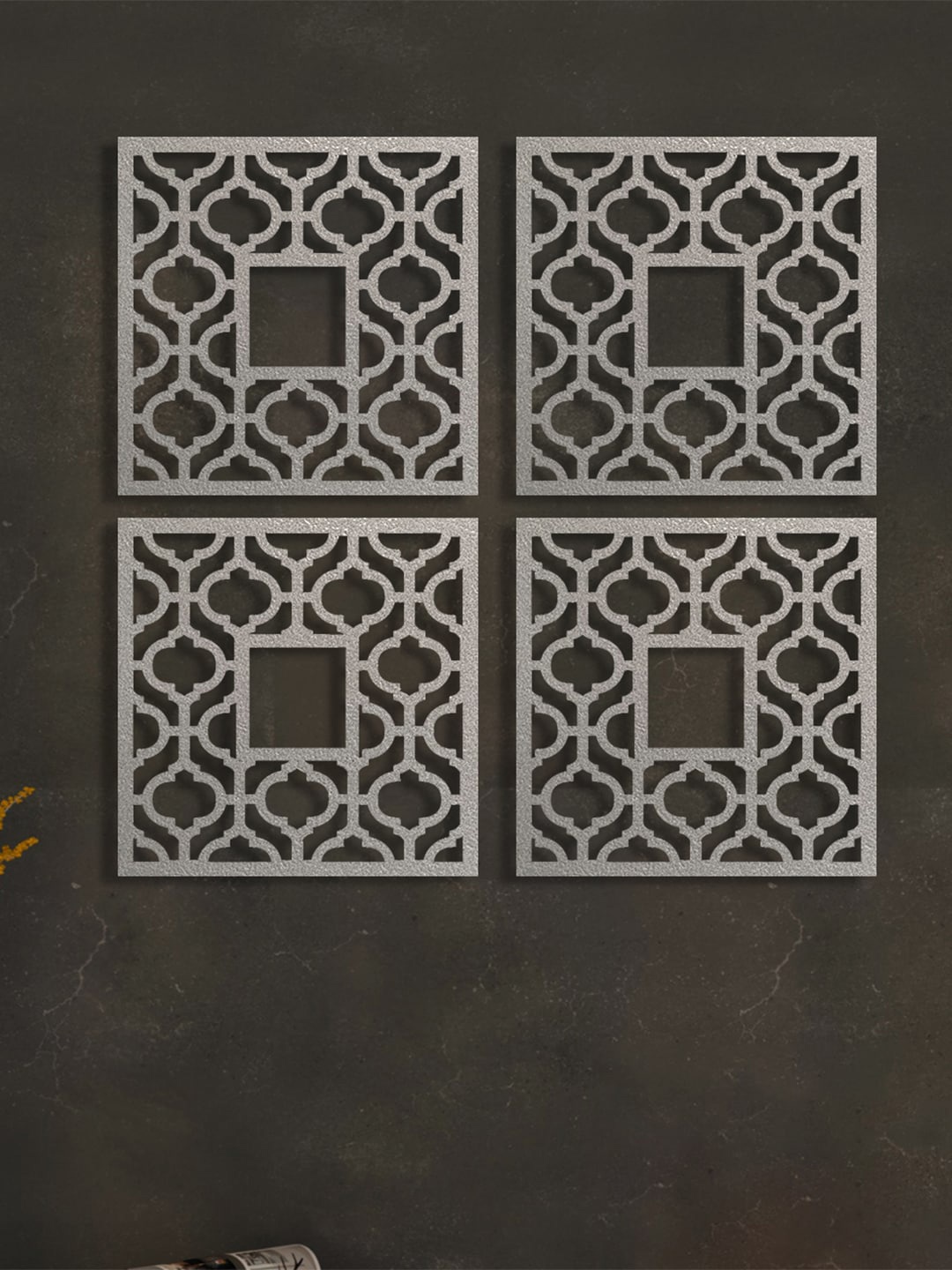 

Art Street Grey 4 Pieces Self Design MDF Jharokas Jali 3D Square Wall Decor