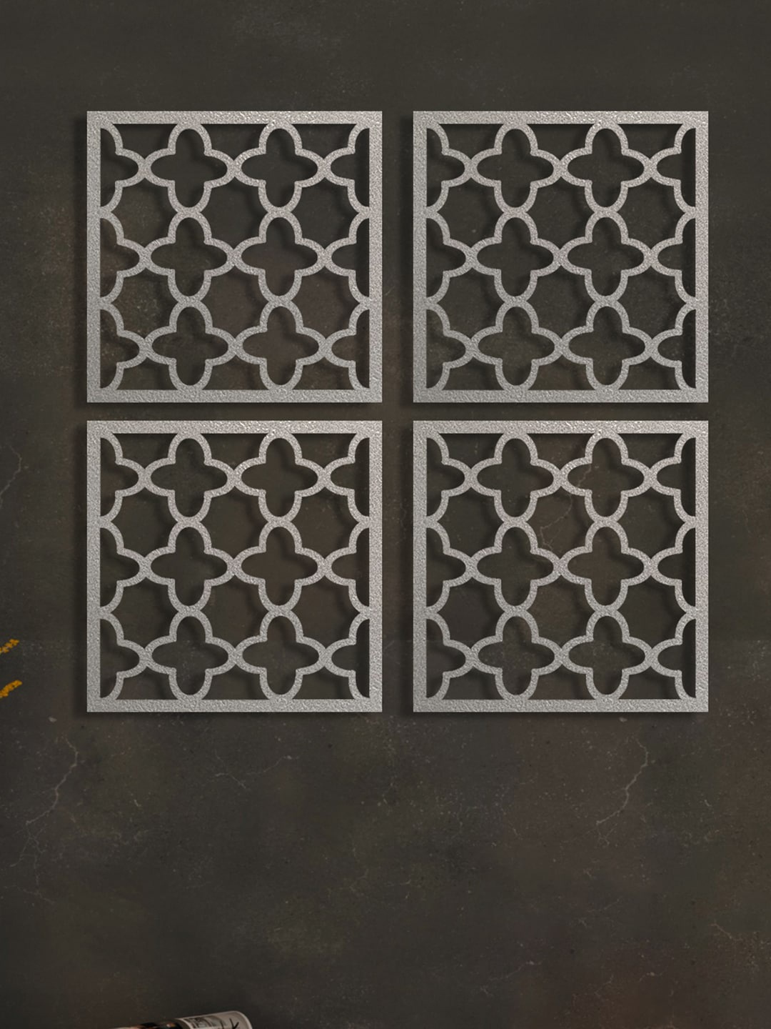 

Art Street Silver 4-Pcs 3D Jali Square-Shaped Wooden Wall Decors
