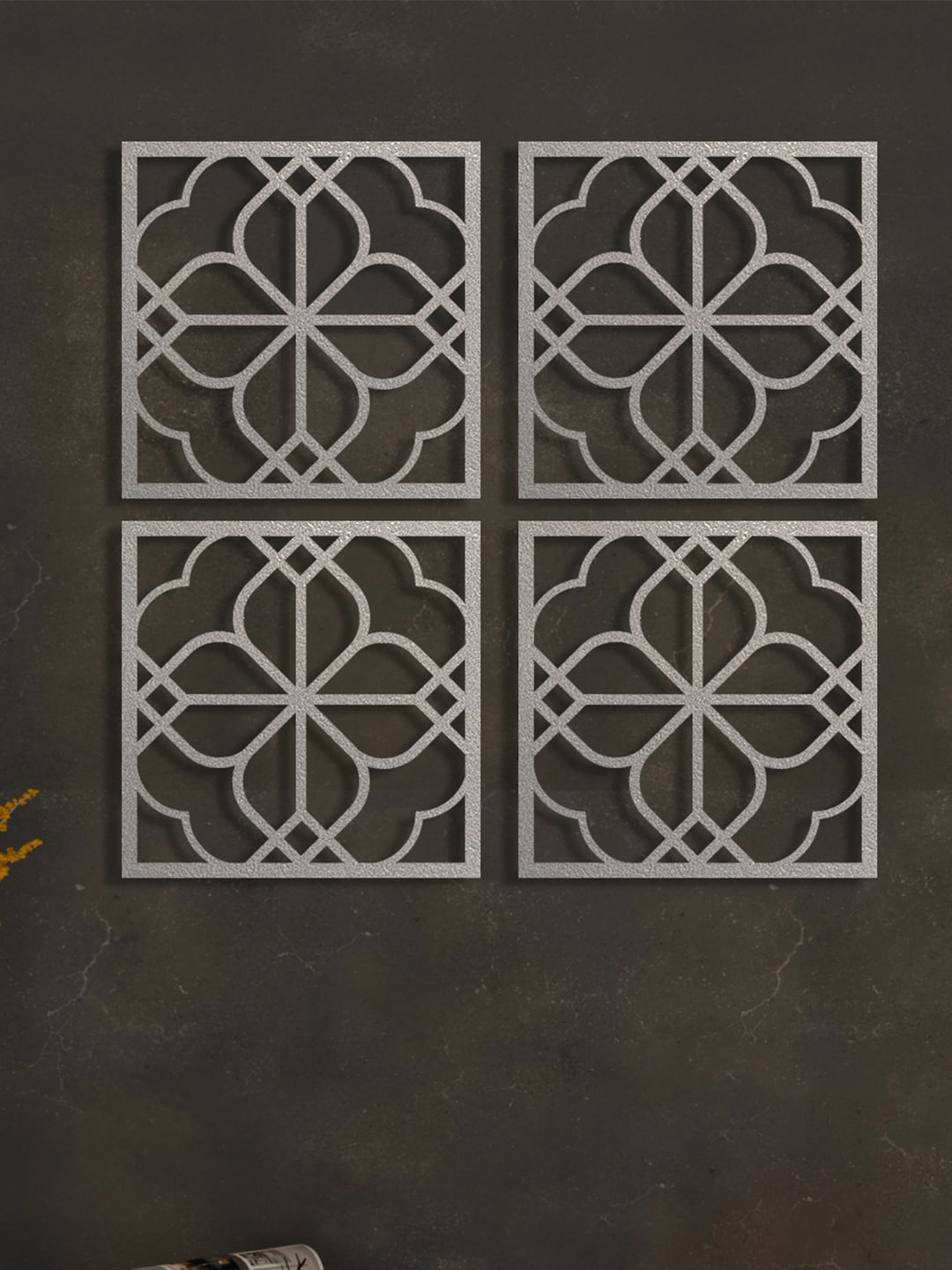 

Art Street Grey 4 Pieces Floral Design MDF Jharokas Jali 3D Square Wall Decor
