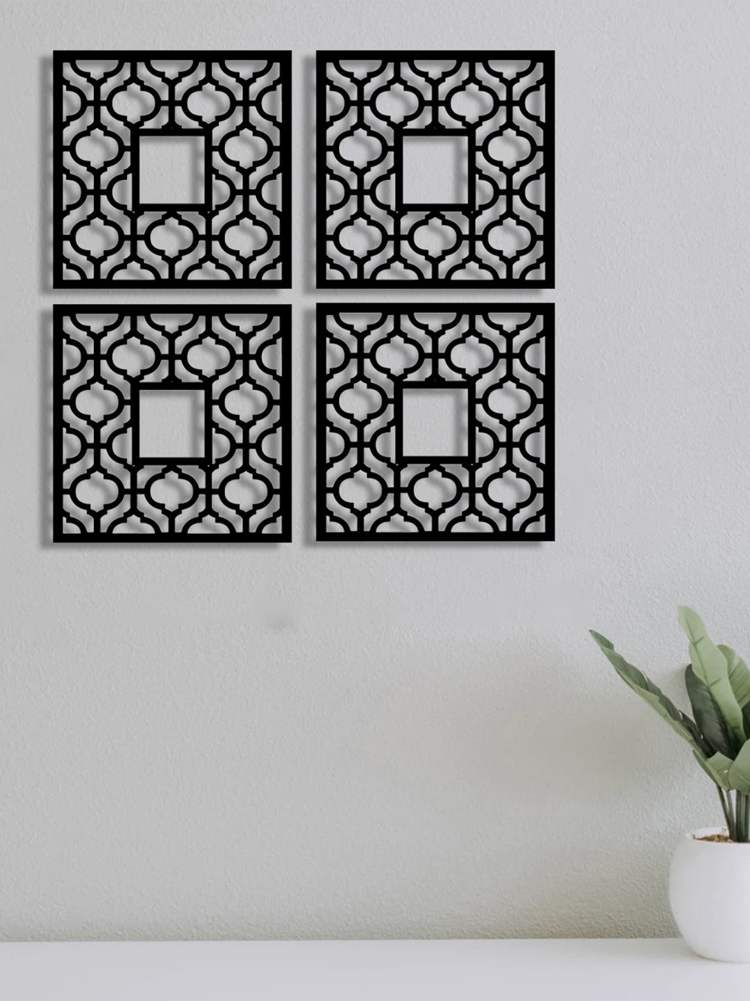 

Art Street Black 4 Pieces Abstract Design MDF Jharokas Jali 3D Square Wall Decor