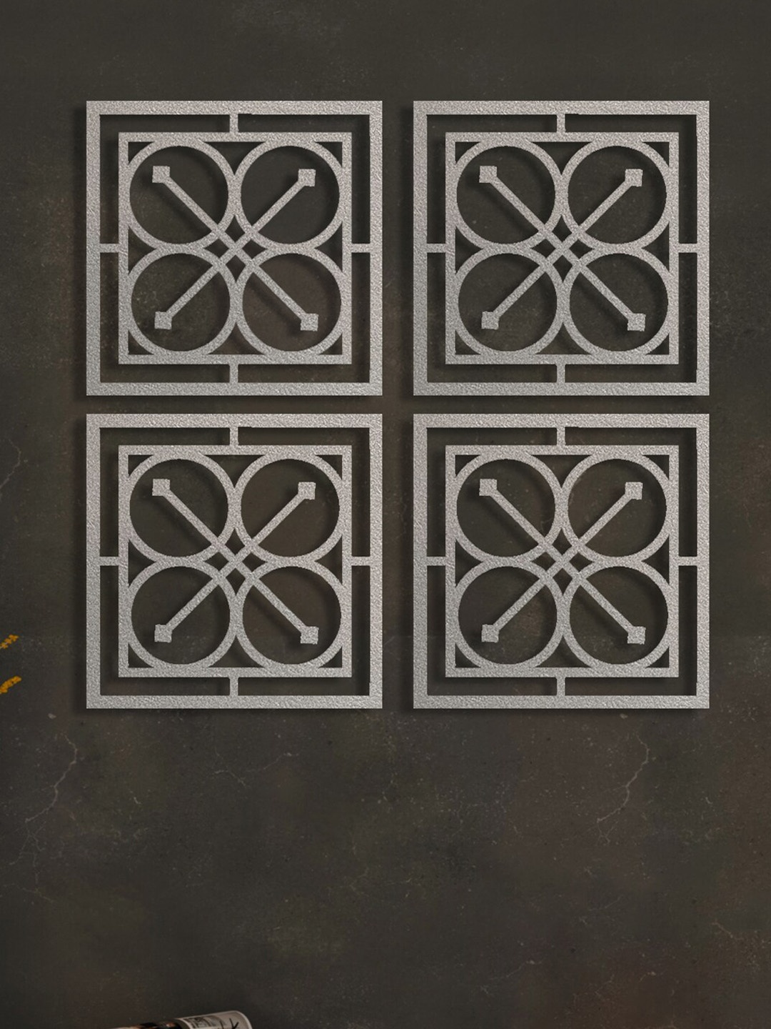 

Art Street Grey 4 Pieces Abstract Design MDF Jharokas Jali 3D Square Wall Decor