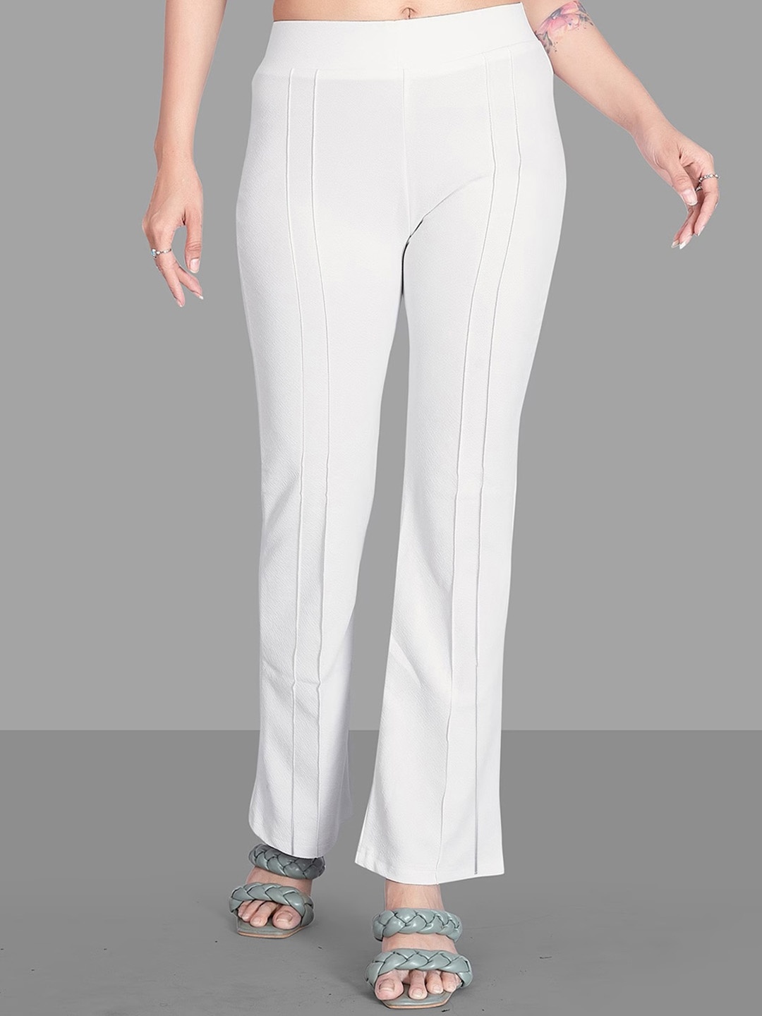 

CLAFOUTIS Women Flared High-Rise Stretchable Bootcut Trousers, White
