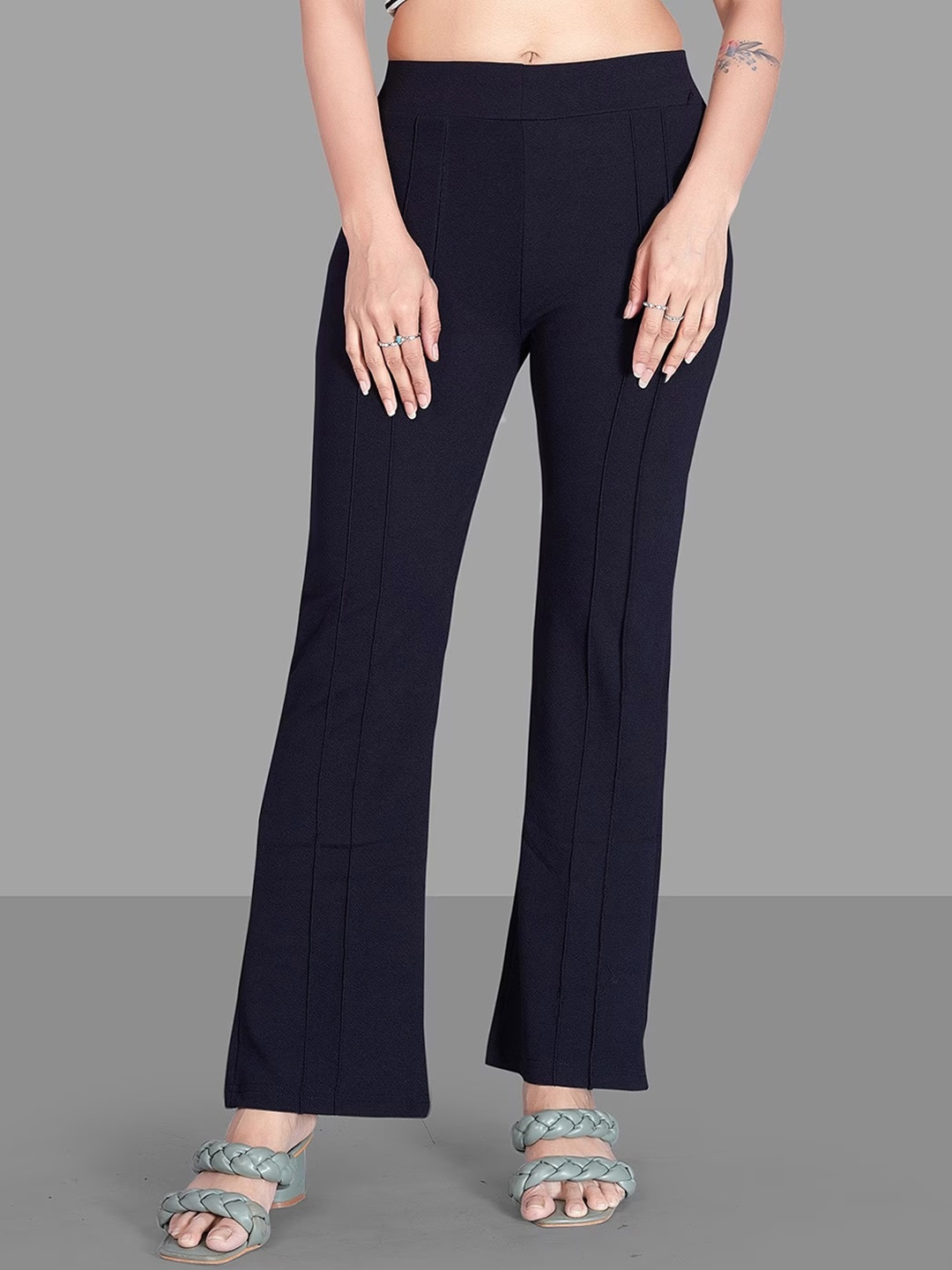 

CLAFOUTIS Women Flared High-Rise Stretchable Bootcut Trousers, Black