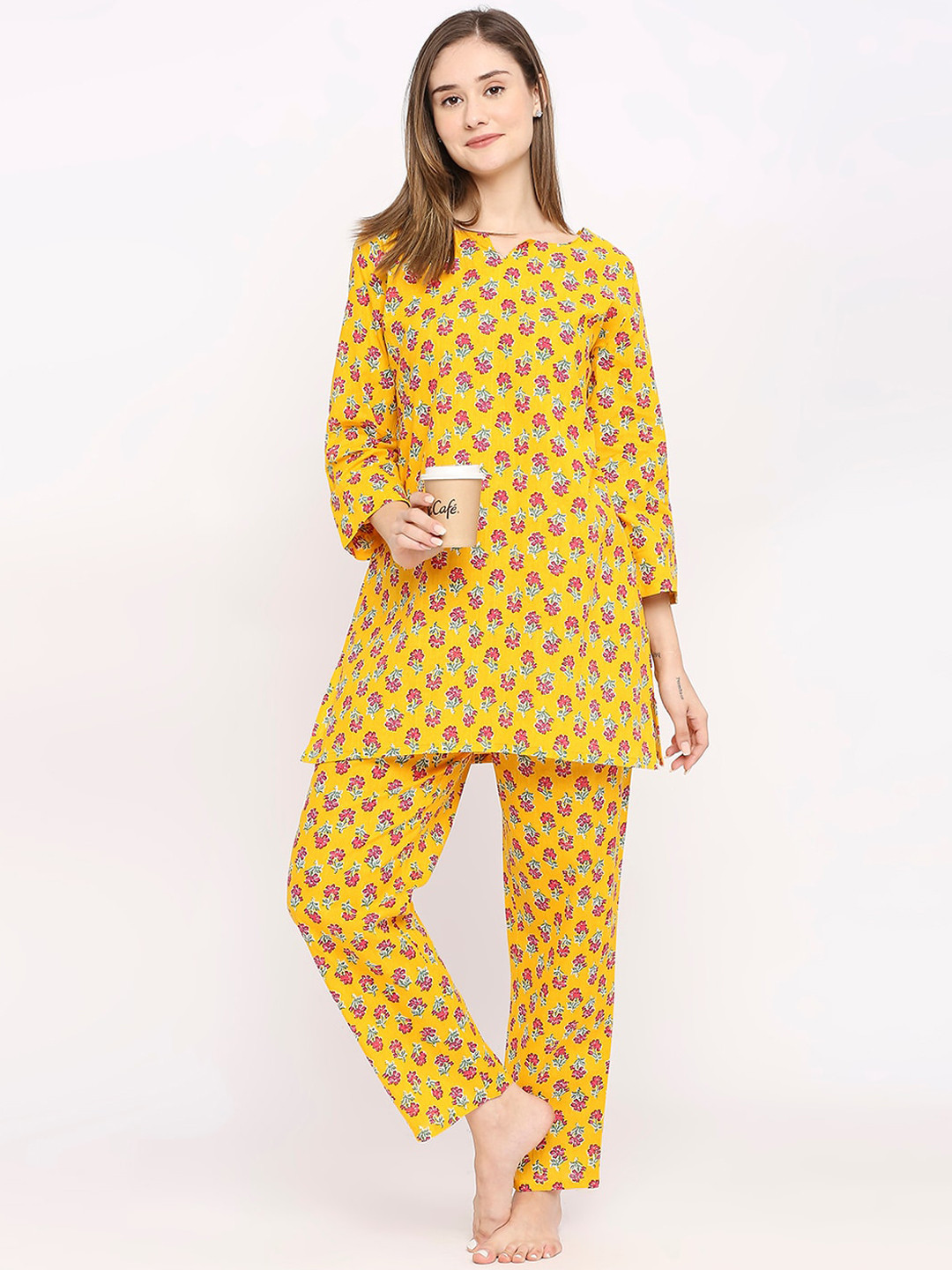 

ZRI Floral Printed Pure Cotton Night Suit, Mustard
