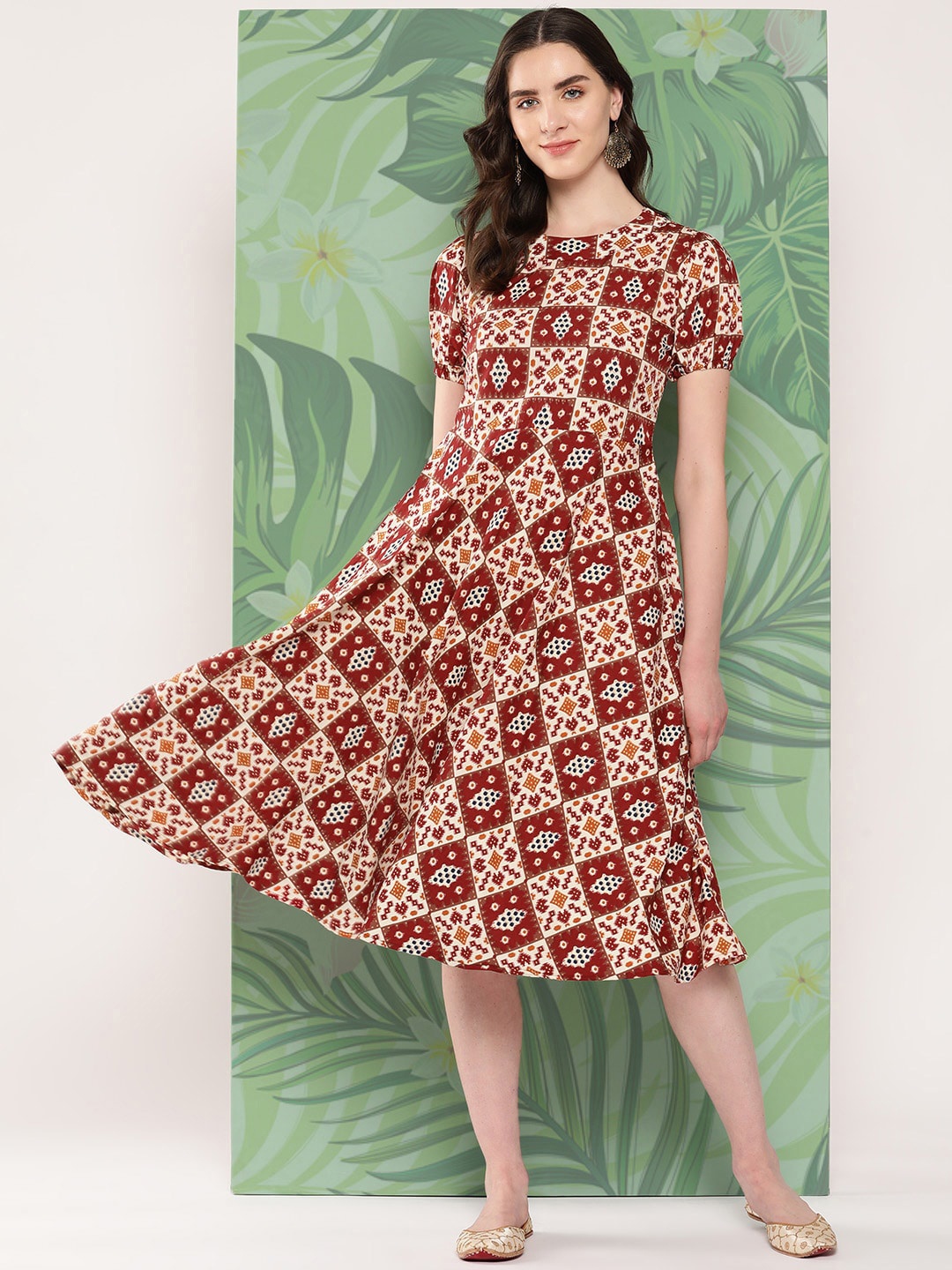 

InWeave Maroon Ethnic Motifs Printed Puff Sleeves A-Line Dress