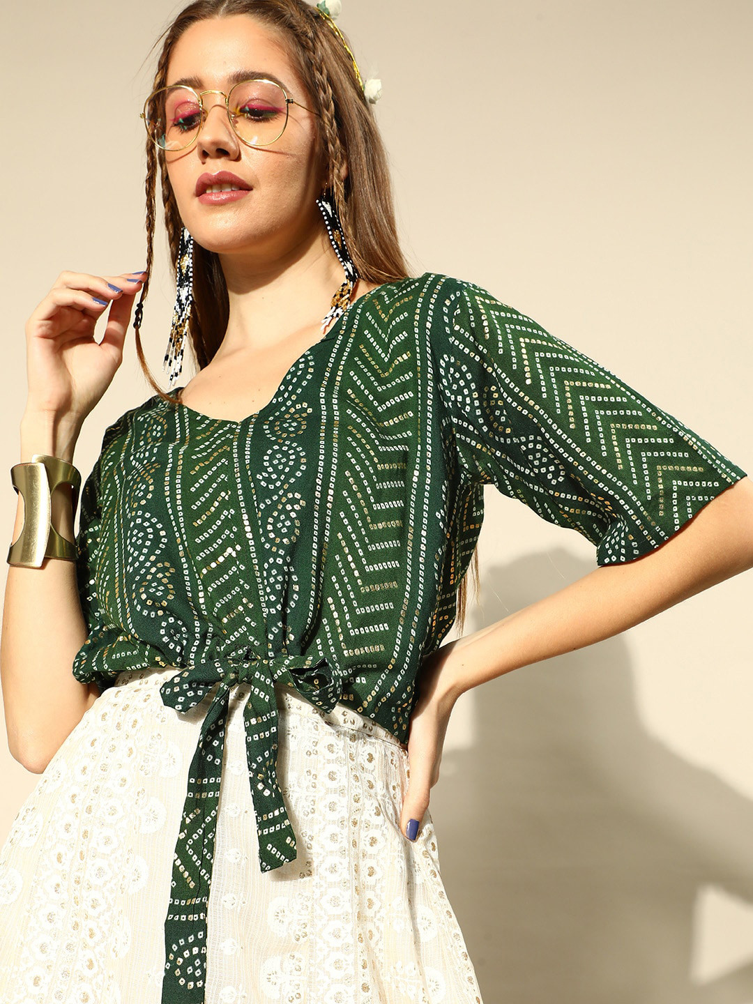 

InWeave Ethnic Printed Waist Tie-Ups Casual Top, Green