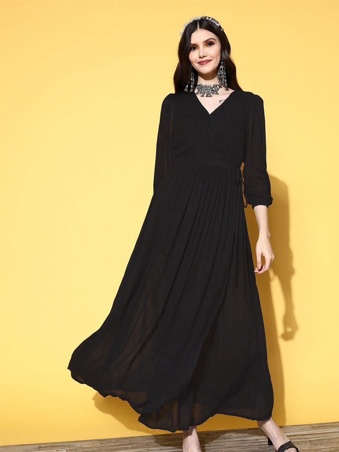 

InWeave Puff Sleeve A-line Maxi Dress, Black