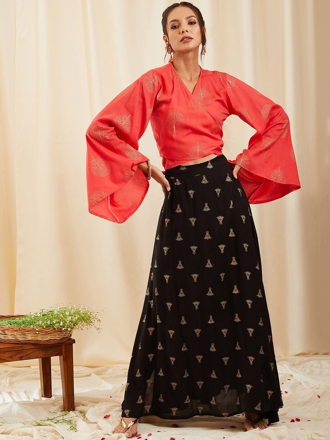 

InWeave Women Ethnic Printed Back Tie-up Top With Skirt, Black