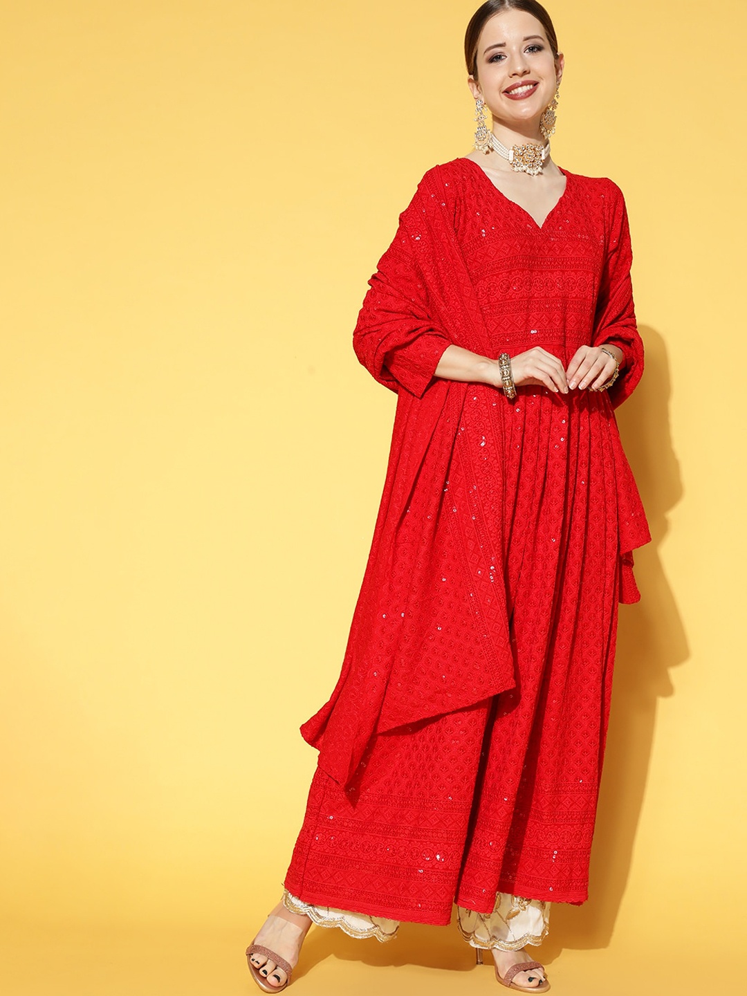 

InWeave Red Ethnic Motifs Embroidered Sequinned Anarkali Kurta & Dupatta