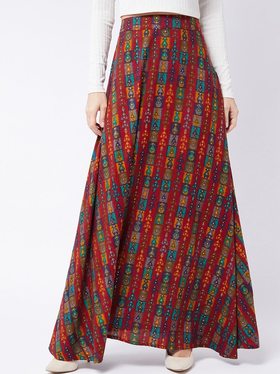 

InWeave Geometric Printed Flared Maxi Skirt, Red