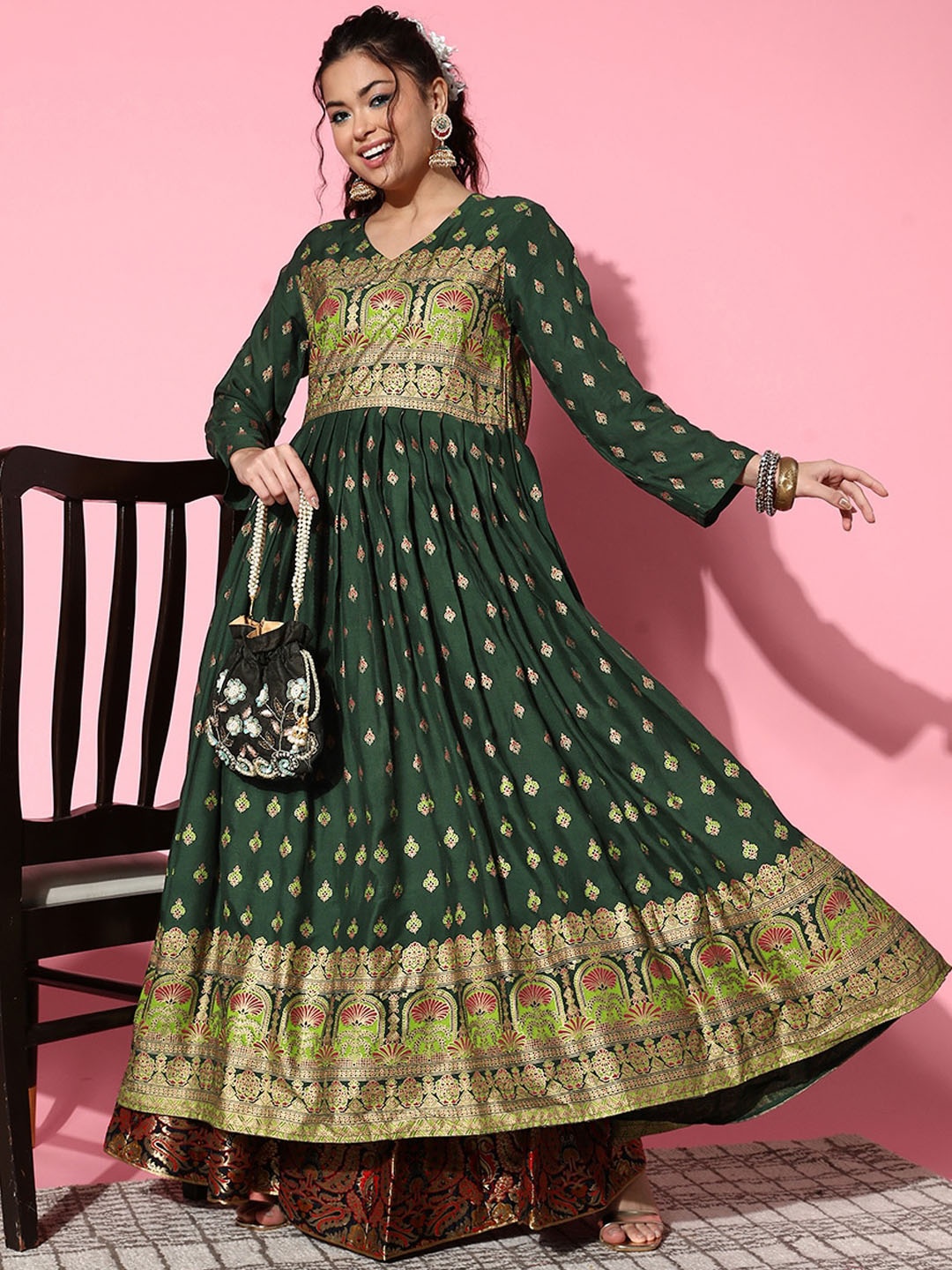 

InWeave Ethnic Motifs Printed Anarkali Kurta, Green