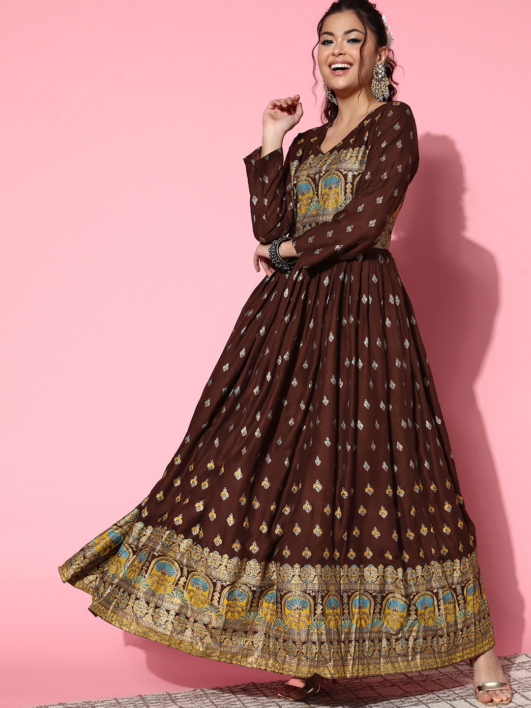 

InWeave Ethnic Motifs Printed Gathered Or Pleated Maxi Ethnic Dress, Brown