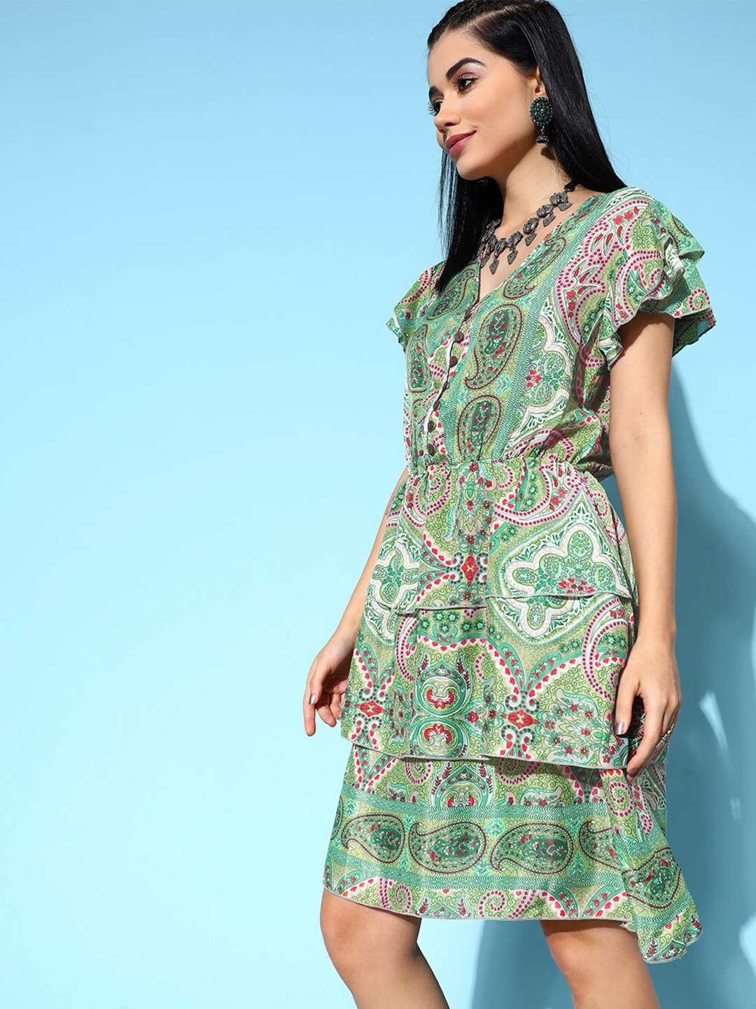 

InWeave Green Printed Layered Fit & Flare Dress