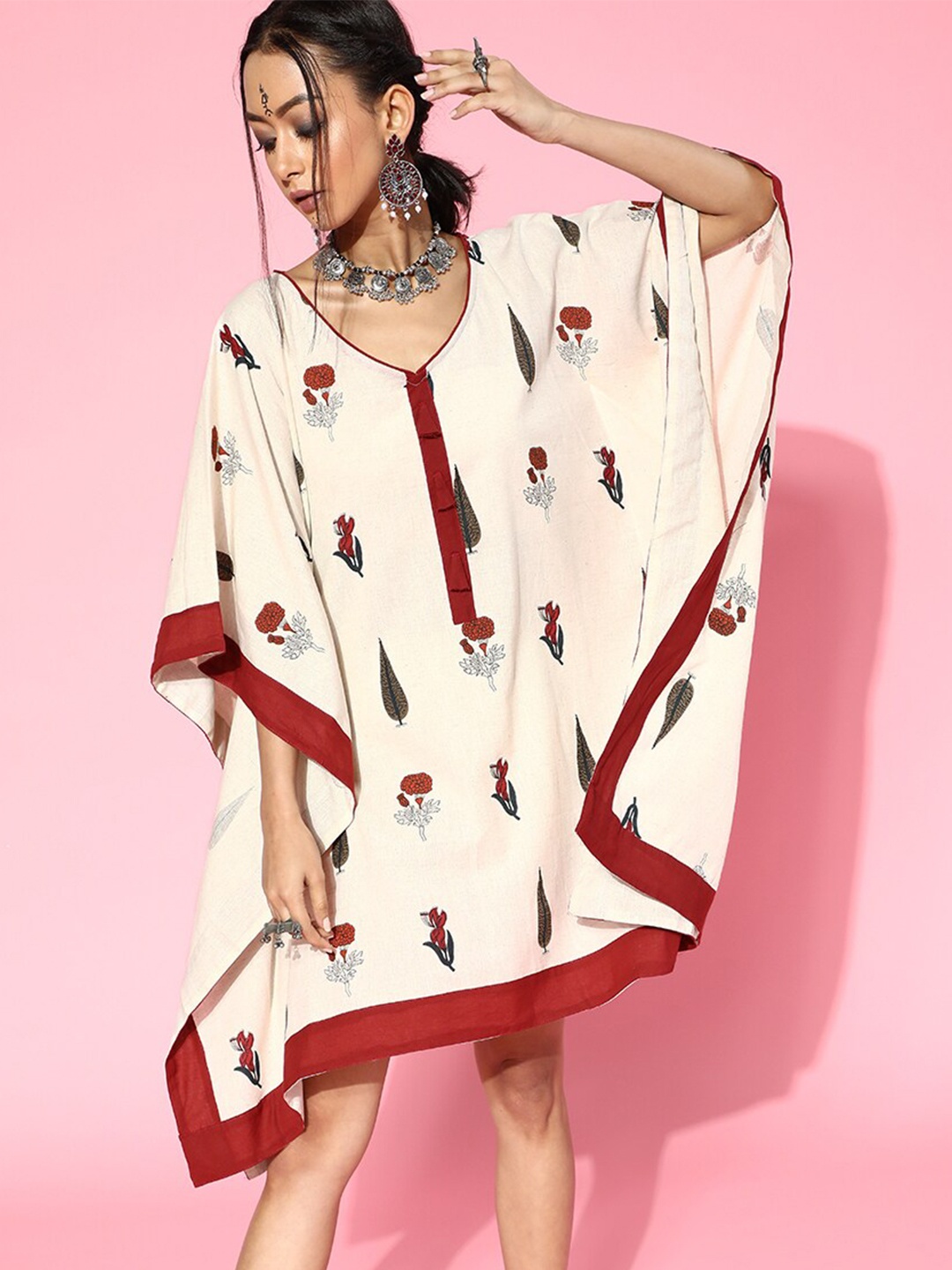 

InWeave Off White And Red Floral Printed Cotton Kaftan Dress