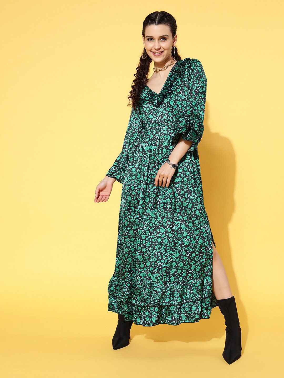 

InWeave Teal Floral Printed V-Neck A-Line Maxi Dress