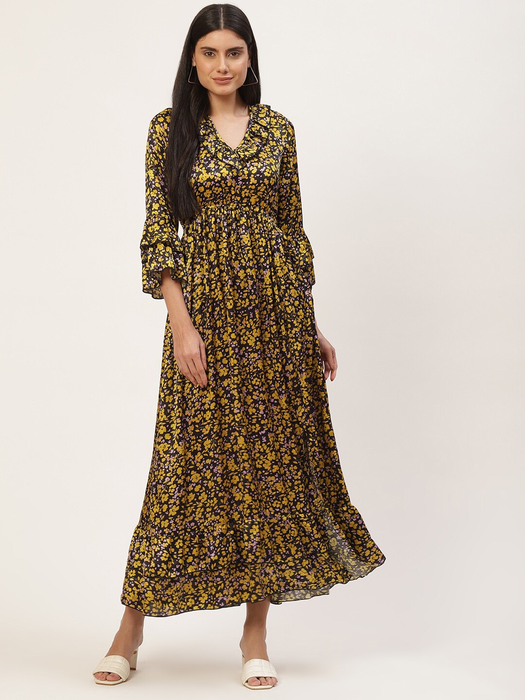 

InWeave Mustard Yellow And Black Floral Printed Ruffled Bell Sleeves Maxi Dress