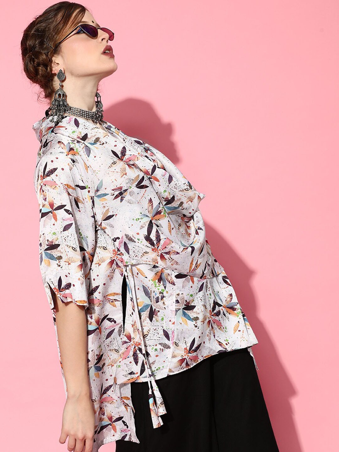 

InWeave White Printed Cowl Neck Pure Cotton Top With Palazzos Co-Ords, Grey