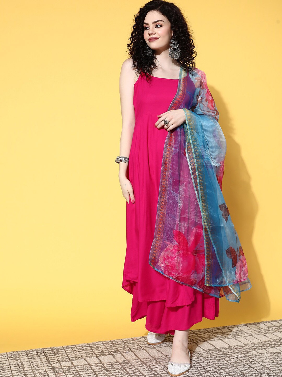 

InWeave Pleated Kurta with Palazzos & With Dupatta, Fuchsia